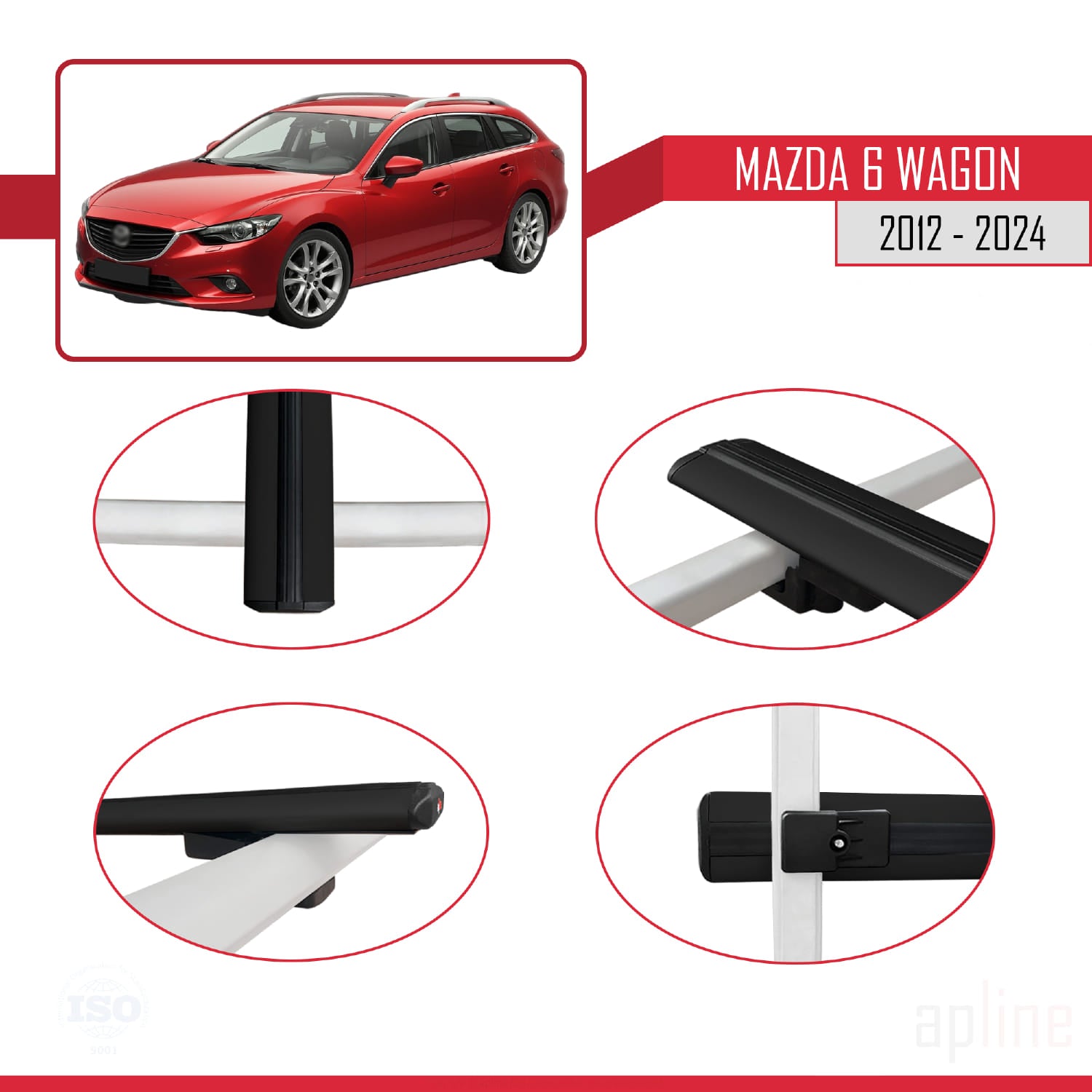 Compatible avec Mazda 6 Wagon 2012-2024 BASIC Model Barres de Toit Railing Porte-Bagages de Voiture Noir Aluminium 3 Barres
