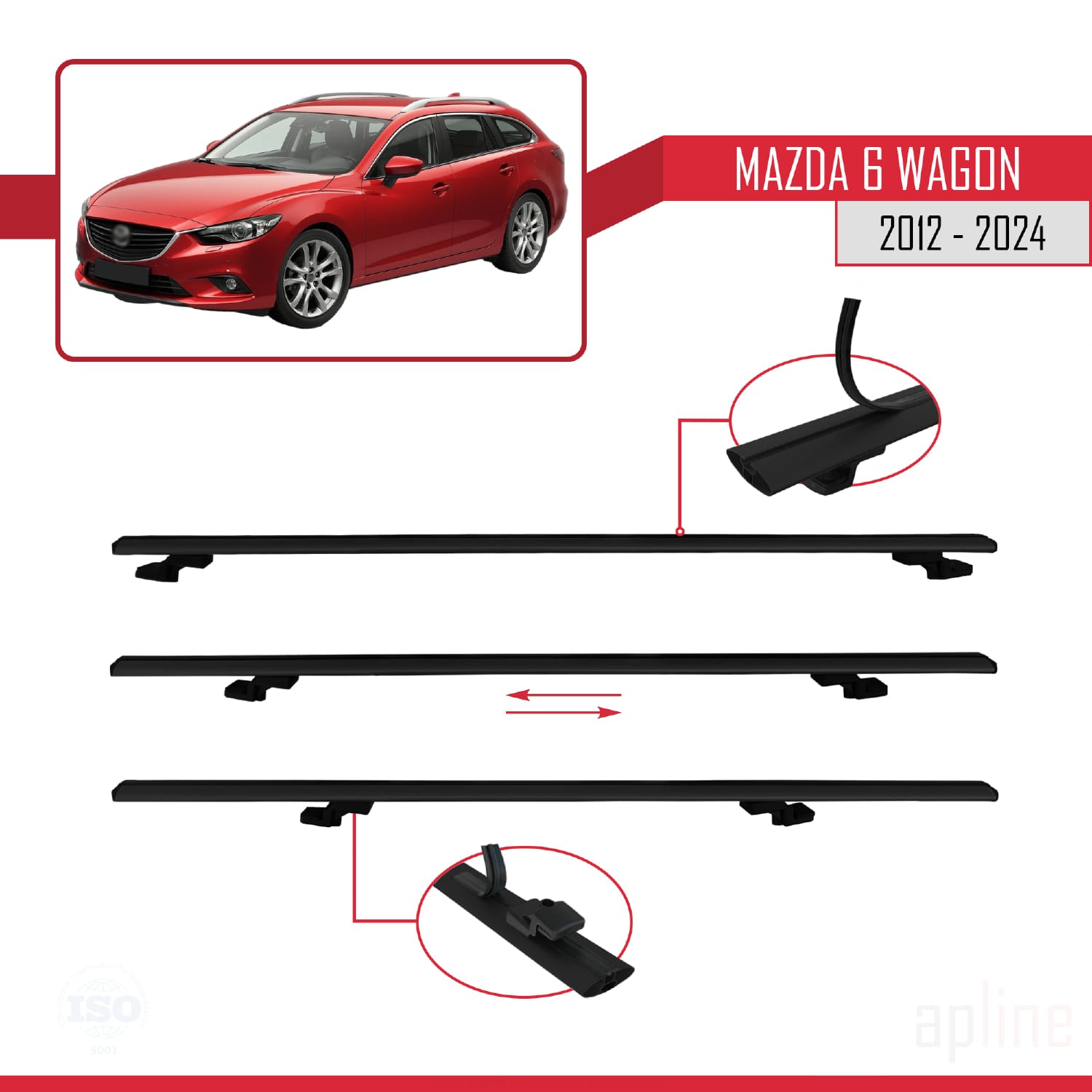 Compatible avec Mazda 6 Wagon 2012-2024 BASIC Model Barres de Toit Railing Porte-Bagages de Voiture Noir Aluminium 3 Barres