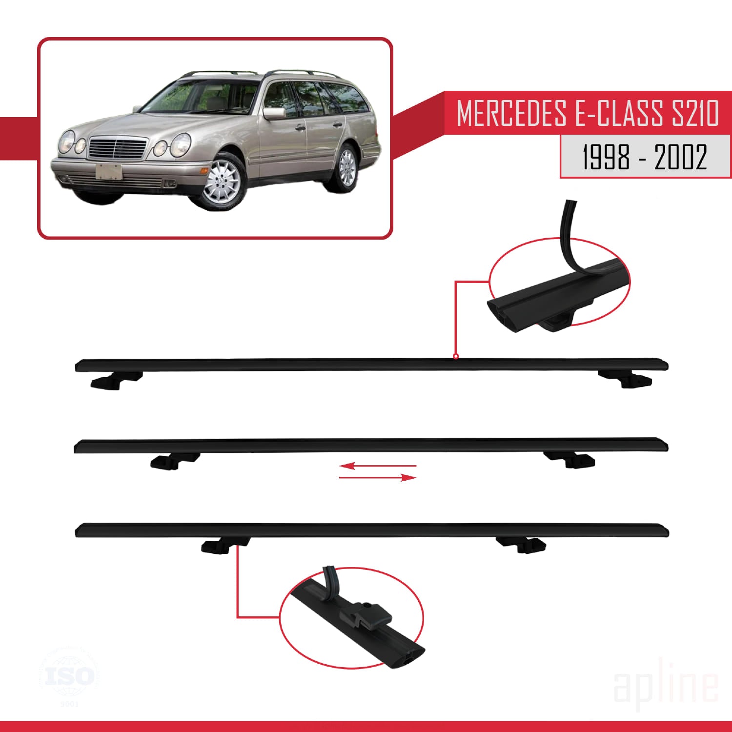 Compatible avec Mercedes E Class S210 Wagon 1998-2002 BASIC Model Barres de Toit Railing Porte-Bagages de Voiture Noir Aluminium 3 Barres