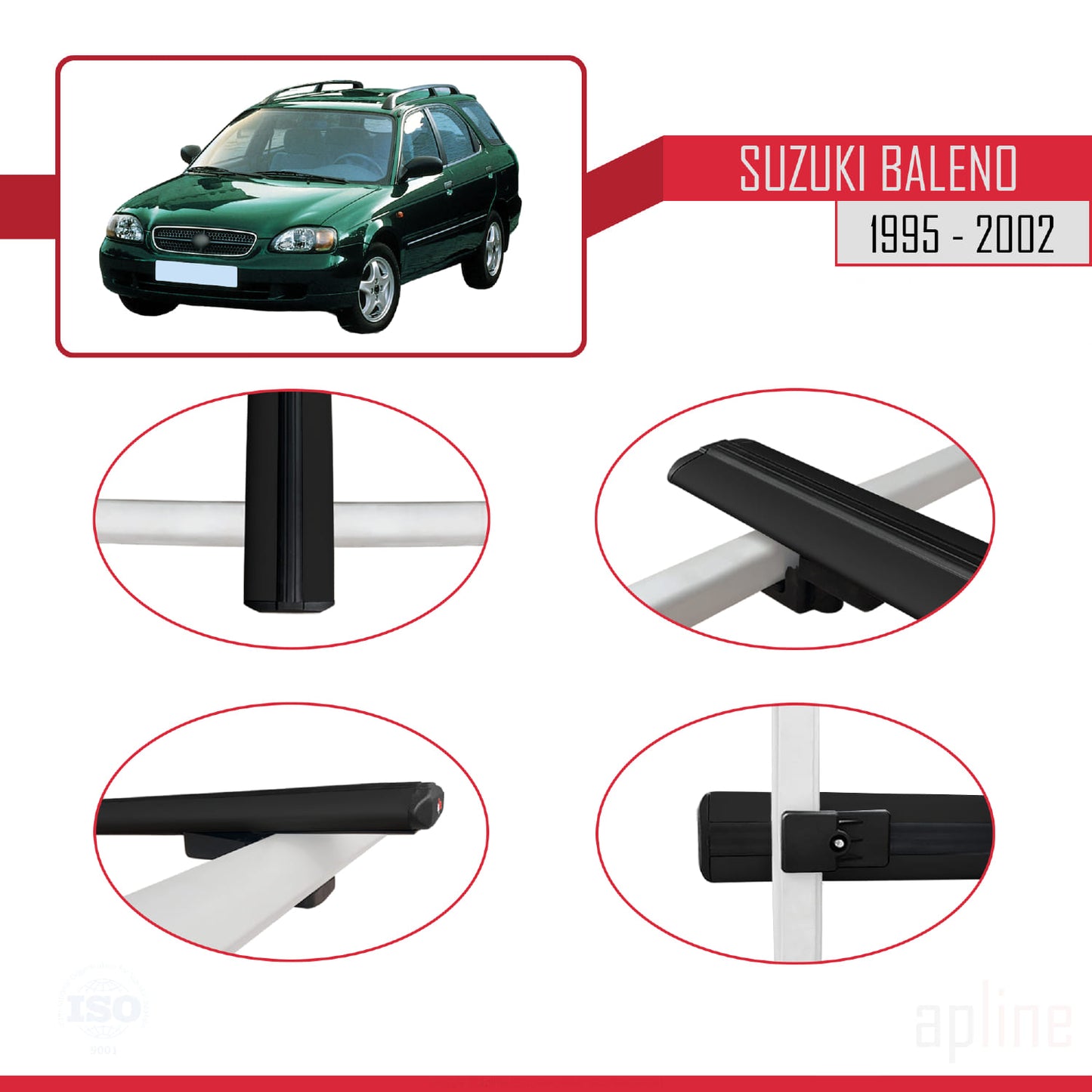 Compatible avec Suzuki Baleno 1995-2002 BASIC Model Barres de Toit Railing Porte-Bagages de Voiture Noir Aluminium 2 Barres