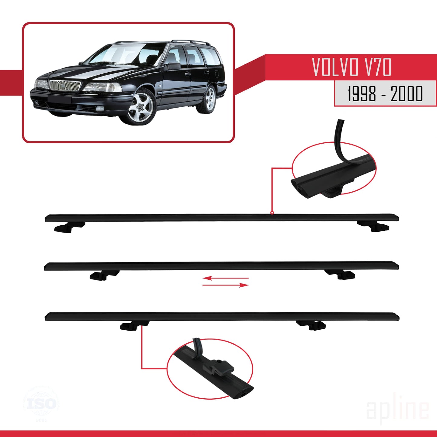 Compatible avec Volvo V70 1998-2000 BASIC Model Barres de Toit Railing Porte-Bagages de Voiture Noir Aluminium 3 Barres