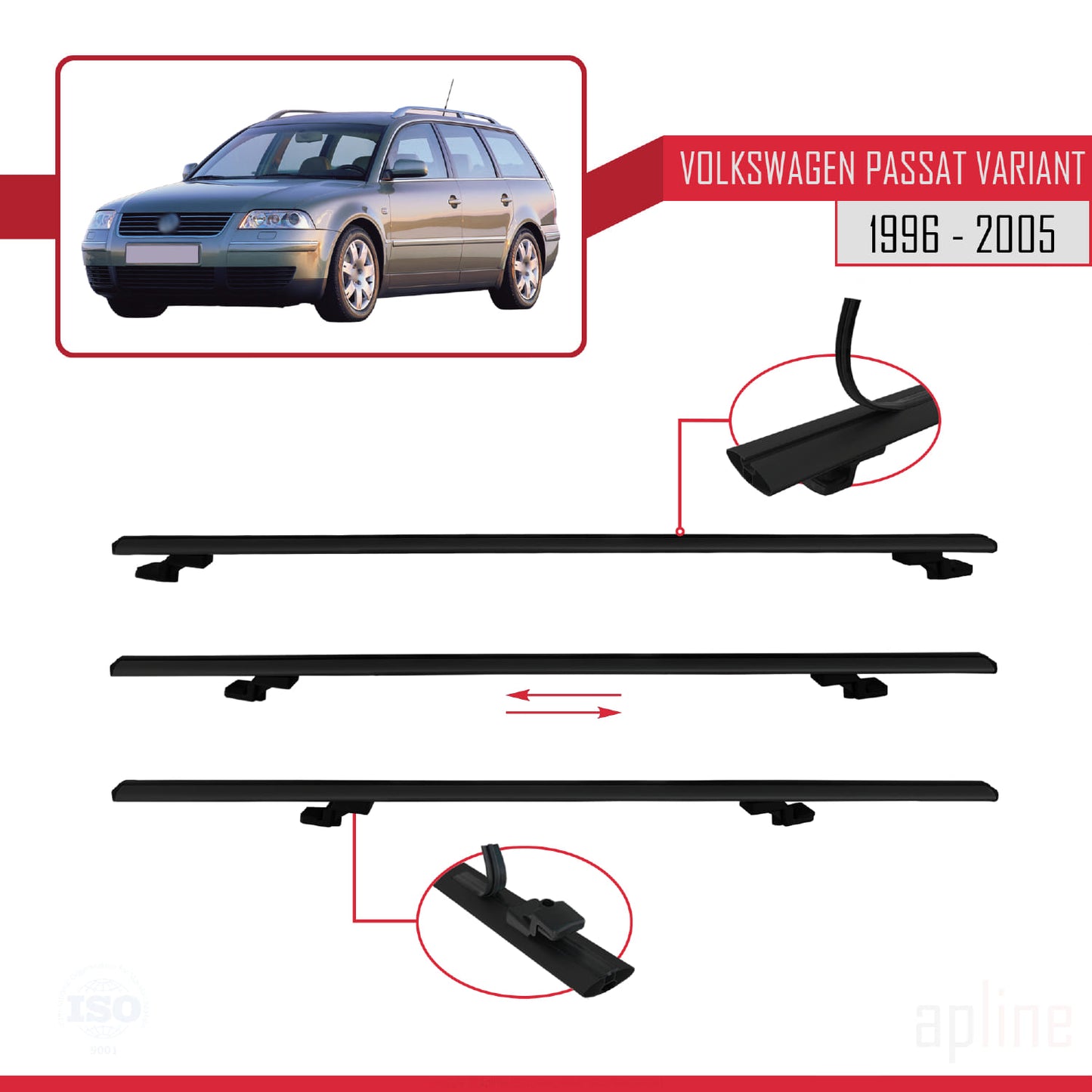 Compatible avec VW Passat B5 Variant 1996-2005 BASIC Model Barres de Toit Railing Porte-Bagages de Voiture Noir Aluminium 3 Barres