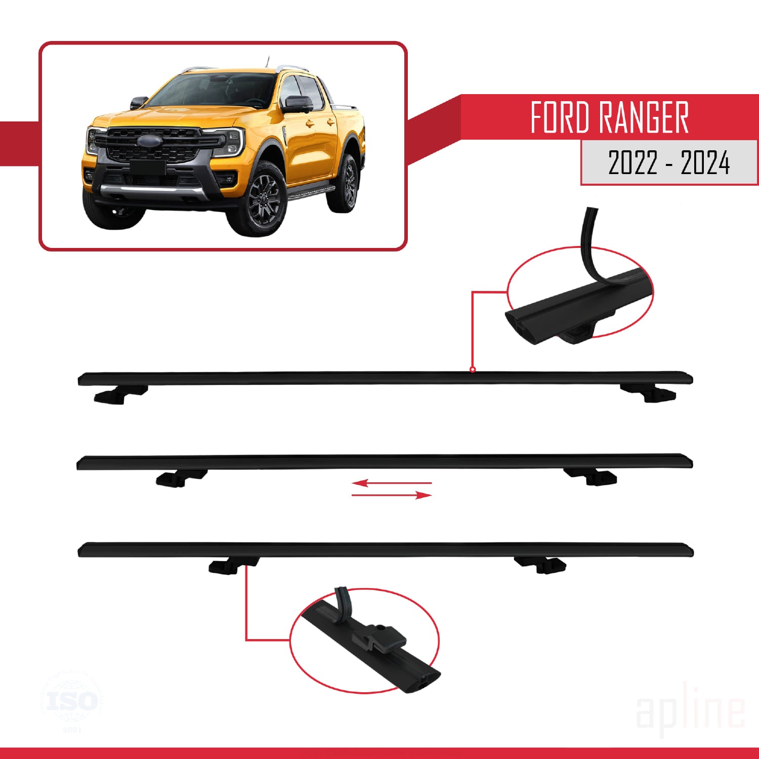 Compatible avec Ford Ranger (P703) 2022-2024 BASIC Model Barres de Toit Railing Porte-Bagages de Voiture Noir Aluminium 3 Barres
