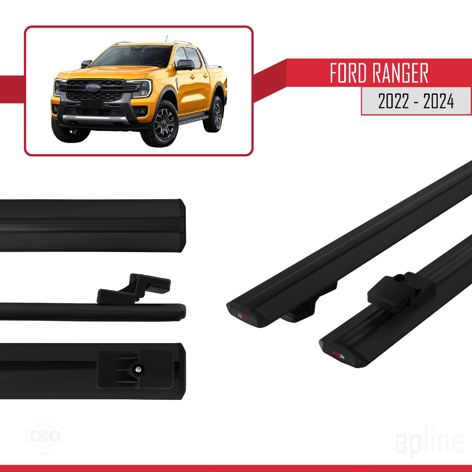 Compatible avec Ford Ranger (P703) 2022-2024 BASIC Model Barres de Toit Railing Porte-Bagages de Voiture Noir Aluminium 2 Barres