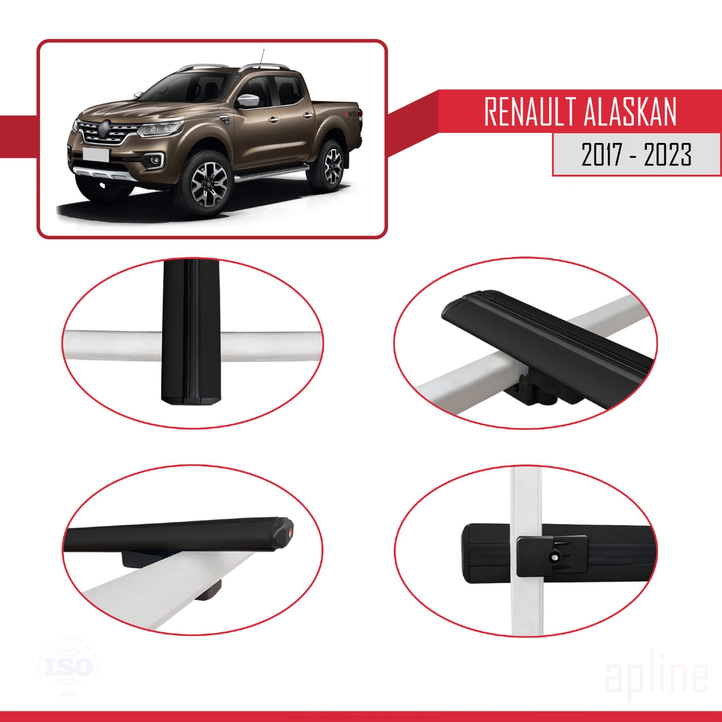 Compatible avec Renault Alaskan 2017-2023 BASIC Model Barres de Toit Railing Porte-Bagages de Voiture Noir Aluminium 3 Barres