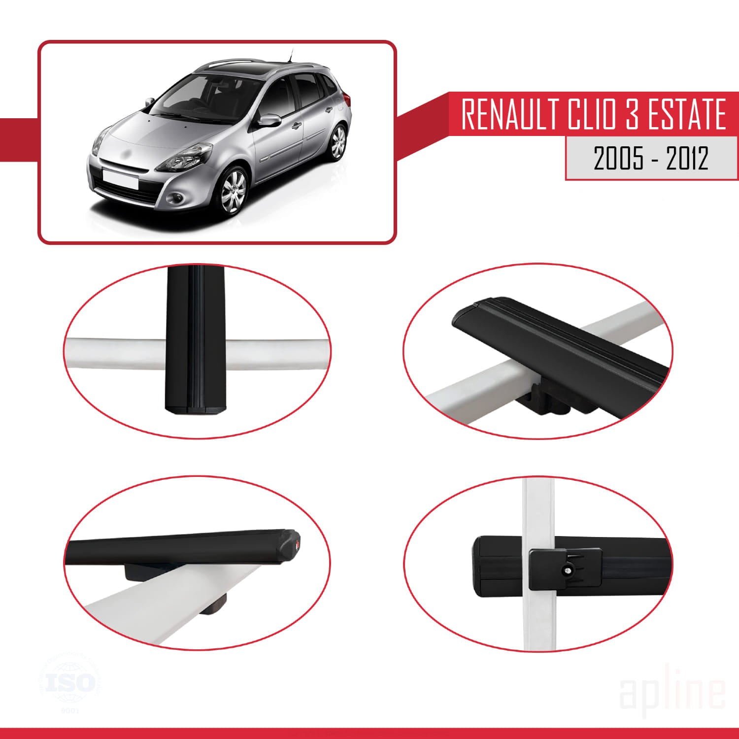 Compatible avec Renault Clio 3 Estate 2005-2012 BASIC Model Barres de Toit Railing Porte-Bagages de Voiture Noir Aluminium 3 Barres