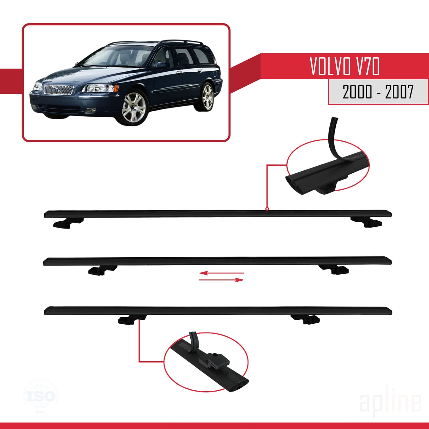 Compatible avec Volvo V70 2000-2007 BASIC Model Barres de Toit Railing Porte-Bagages de Voiture Noir Aluminium 2 Barres