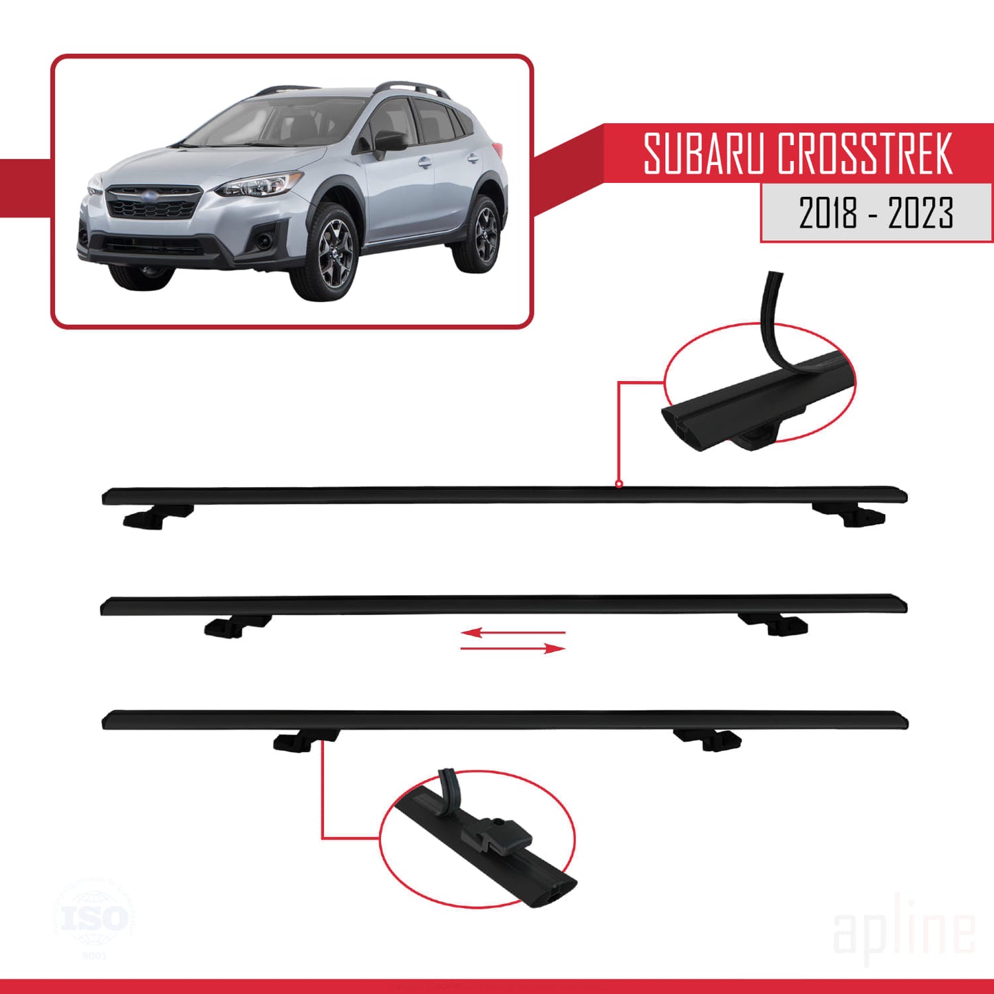 Compatible avec Subaru Crosstrek 2018-2023 BASIC Model Barres de Toit Railing Porte-Bagages de Voiture Noir Aluminium 3 Barres
