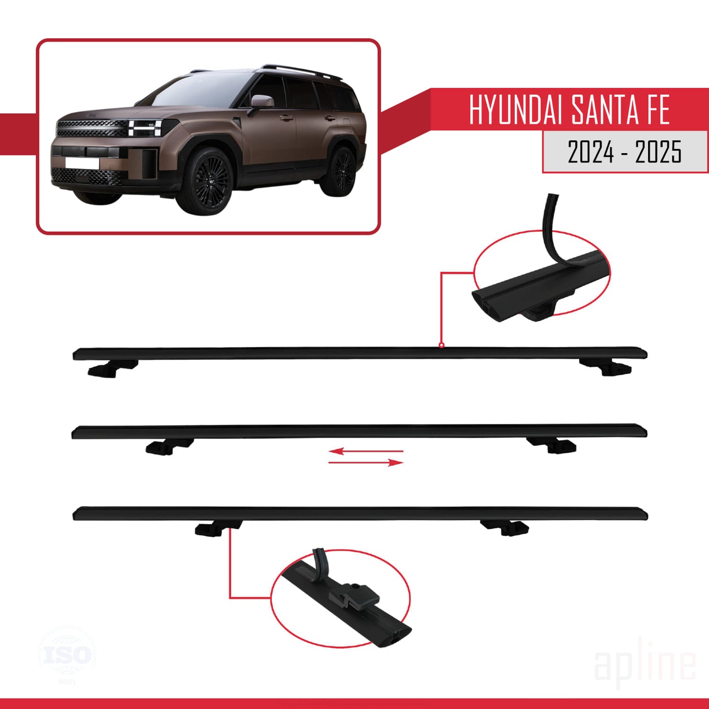 Compatible avec Hyundai Santa Fe 2024-2025 BASIC Model Barres de Toit Railing Porte-Bagages de Voiture Noir Aluminium 3 Barres