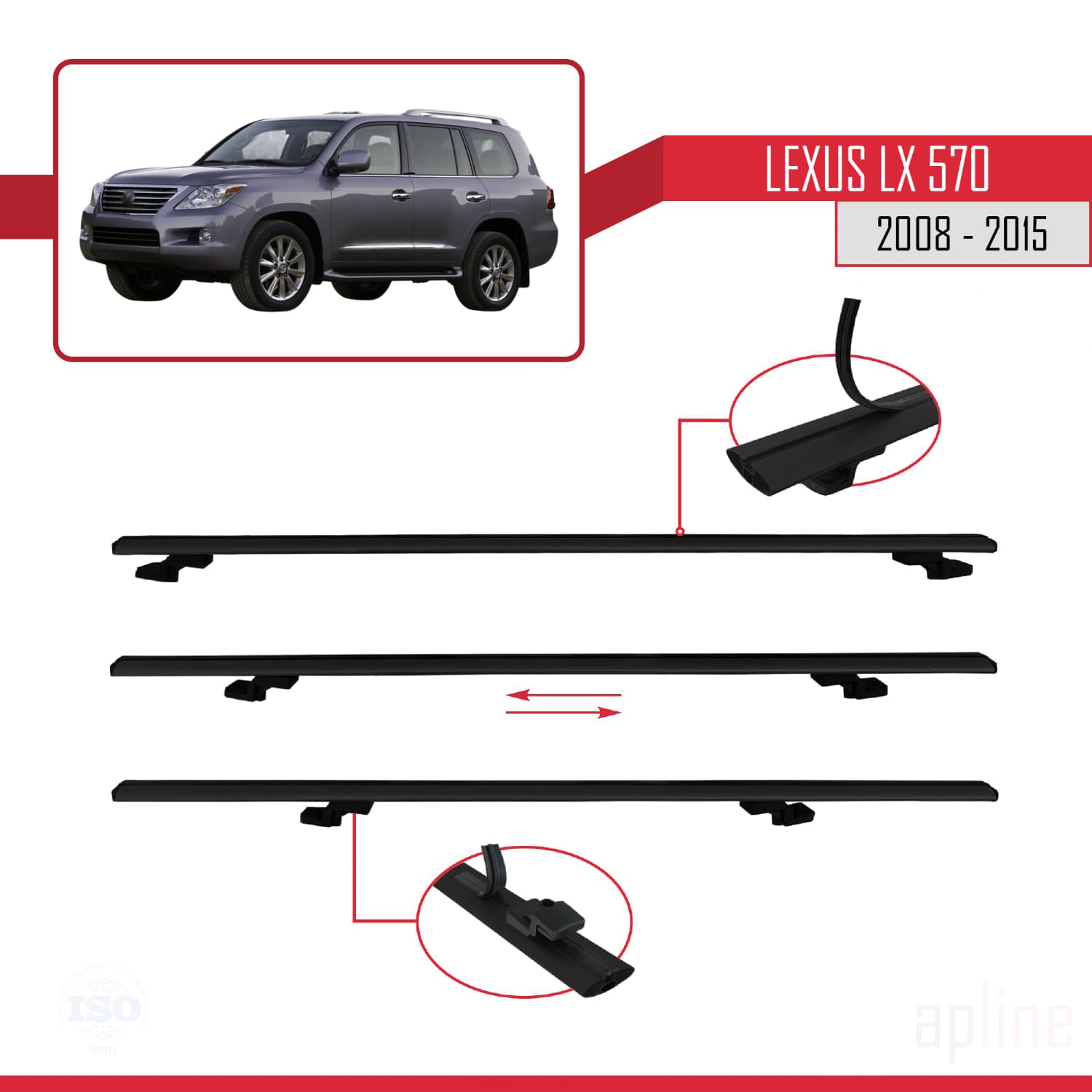 Compatible avec Lexus LX 570 2008-2015 BASIC Model Barres de Toit Railing Porte-Bagages de Voiture Noir Aluminium 3 Barres