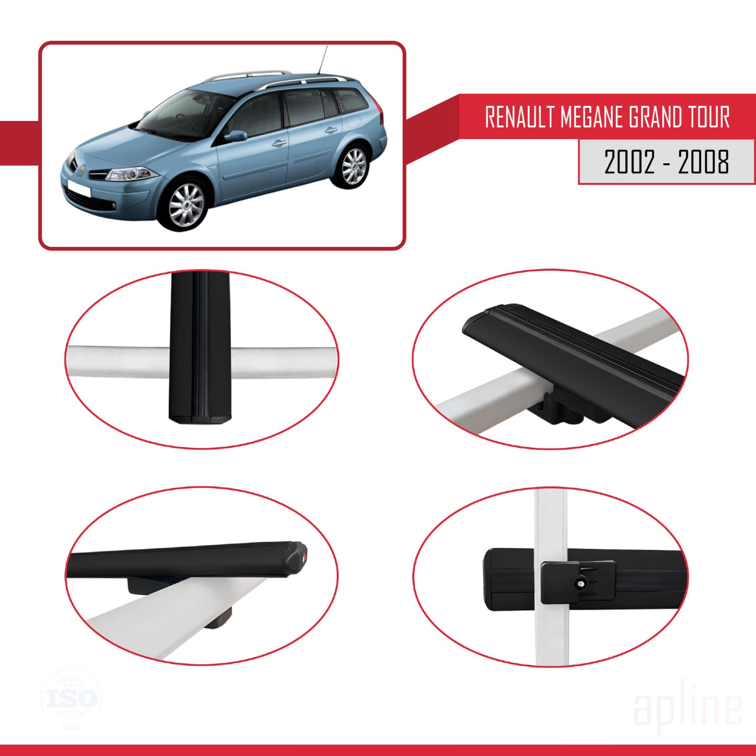 Compatible avec Renault Megane Grand Tour 2002-2008 BASIC Model Barres de Toit Railing Porte-Bagages de Voiture Noir Aluminium 2 Barres