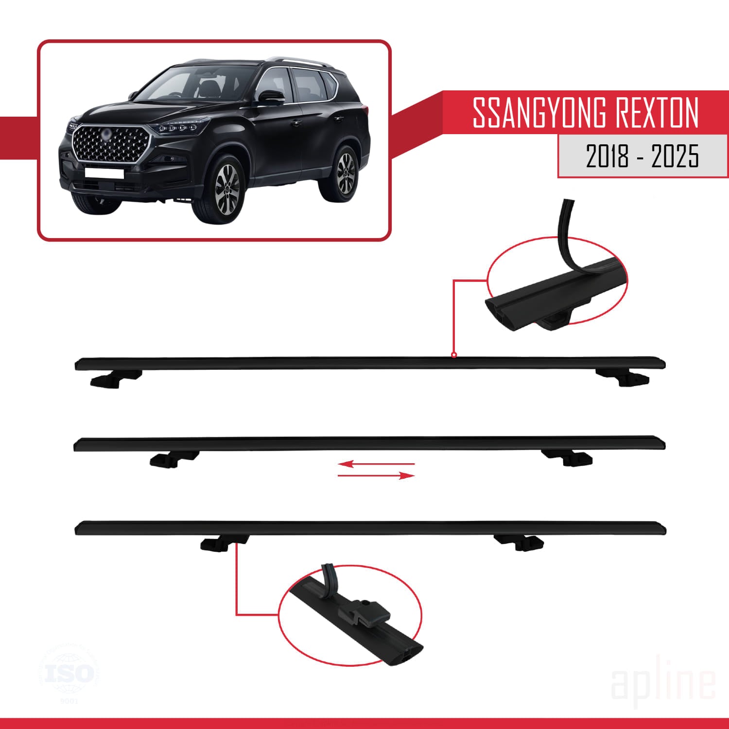 Compatible avec SsangYong Rexton 2018-2025 BASIC Model Barres de Toit Railing Porte-Bagages de Voiture Noir Aluminium 3 Barres