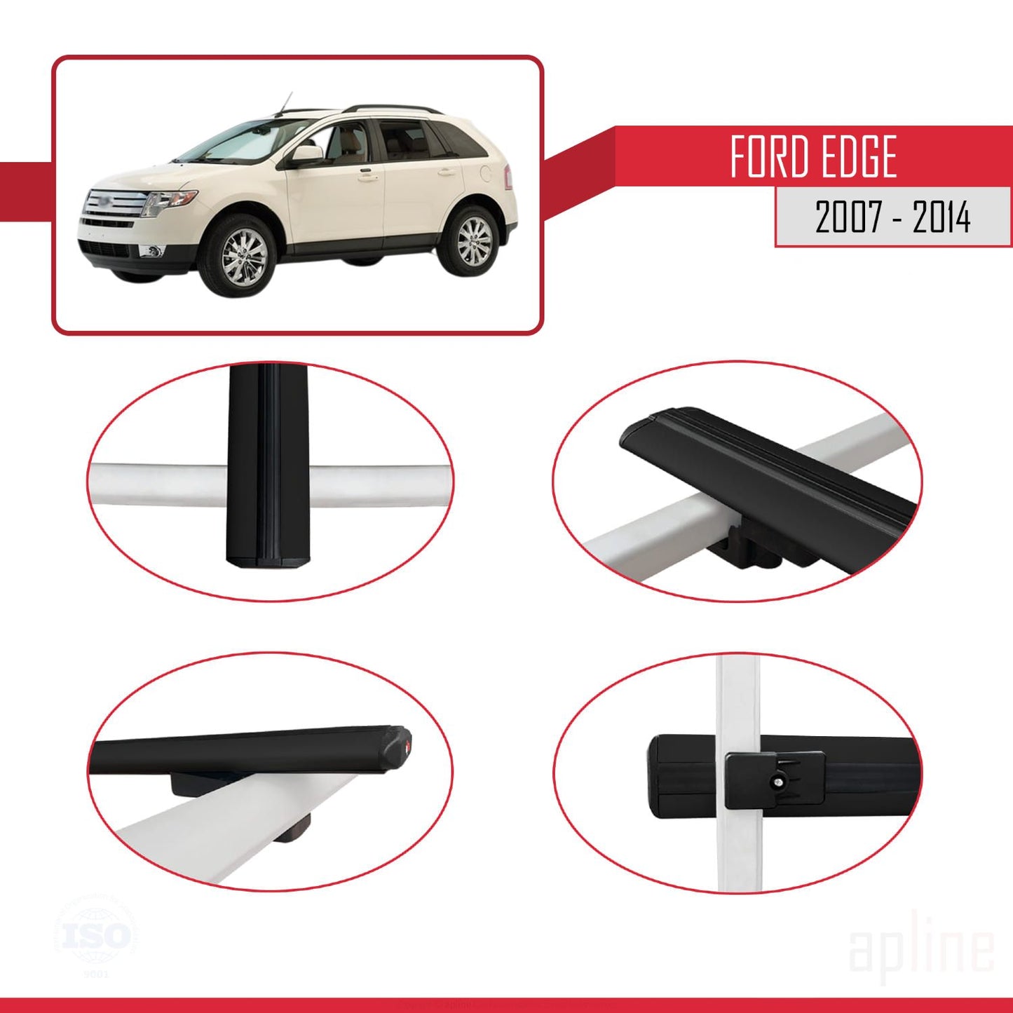 Compatible avec Ford Edge 2007-2014 BASIC Model Barres de Toit Railing Porte-Bagages de Voiture Noir Aluminium 3 Barres