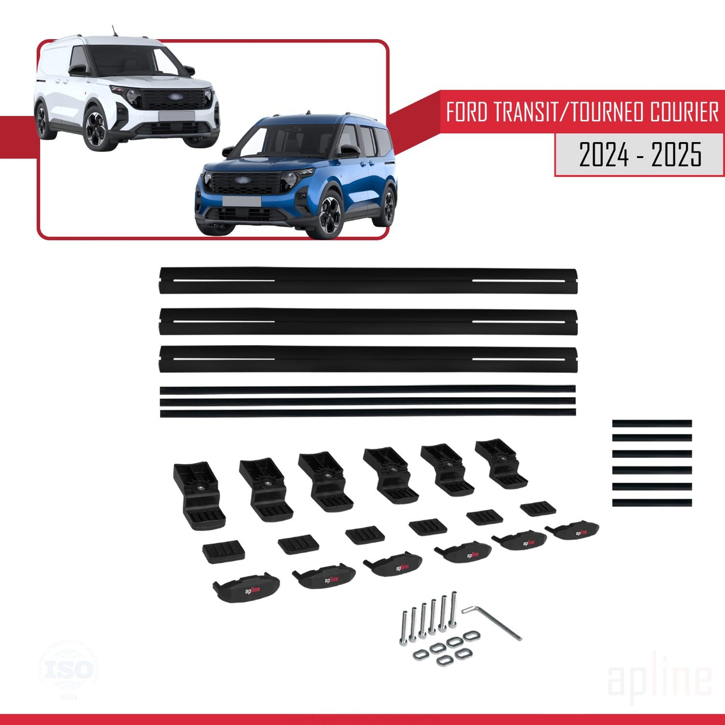 Compatible avec Ford Transit/Tourneo Courier 2024-2025 BASIC Model Barres de Toit Railing Porte-Bagages de Voiture Noir Aluminium 3 Barres