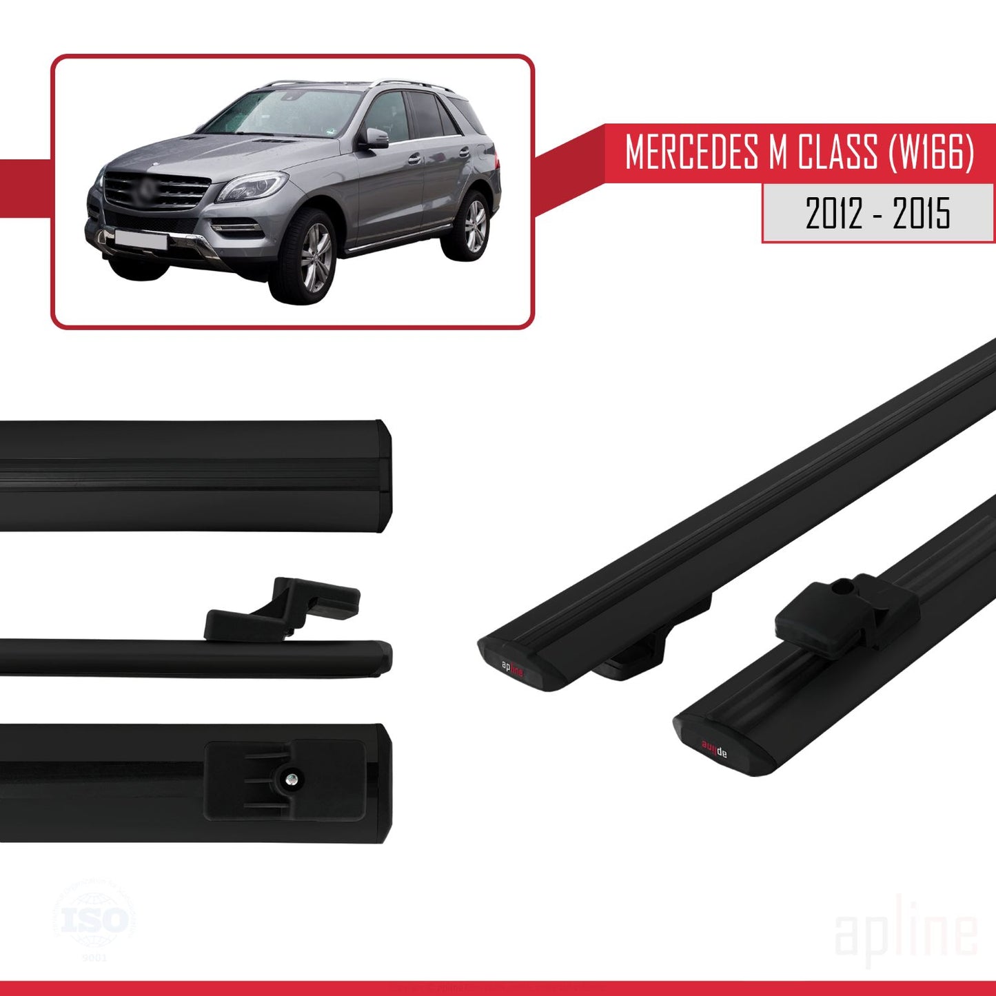 Compatible con Mercedes M Class 3 (W166) Pre-Facelift 2012-2015 BASIC Model Barras de Techo Auto Portaequipajes Barras Transversales Negro Aluminio 2 Barras