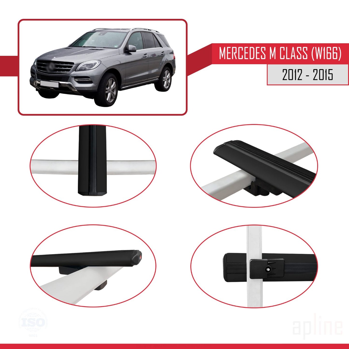 Compatible con Mercedes M Class 3 (W166) Pre-Facelift 2012-2015 BASIC Model Barras de Techo Auto Portaequipajes Barras Transversales Negro Aluminio 2 Barras