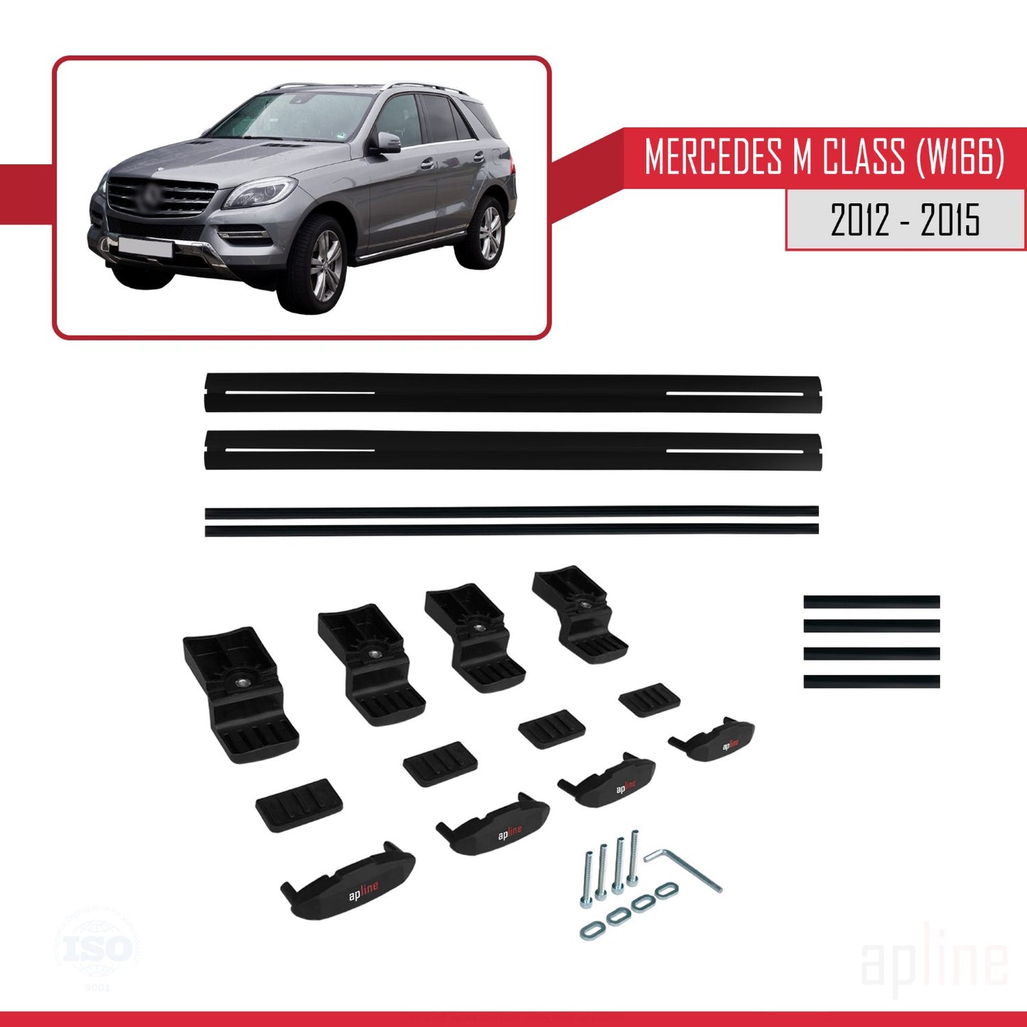Compatible con Mercedes M Class 3 (W166) Pre-Facelift 2012-2015 BASIC Model Barras de Techo Auto Portaequipajes Barras Transversales Negro Aluminio 2 Barras