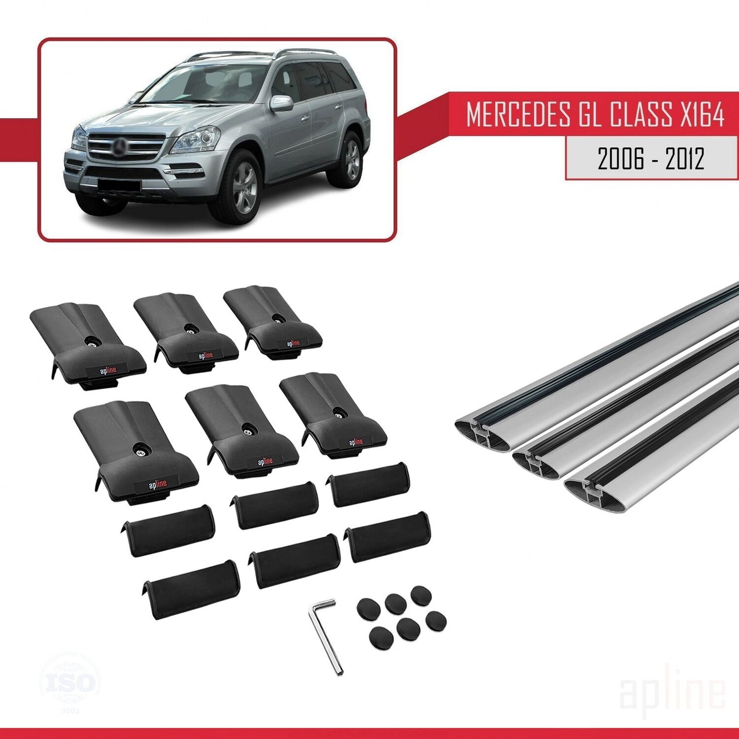 Compatible avec Mercedes Classe GL (X164) 2006-2012 FLY Model Barres de Toit Railing Porte-Bagages de Voiture Gris Aluminium 3 Barres