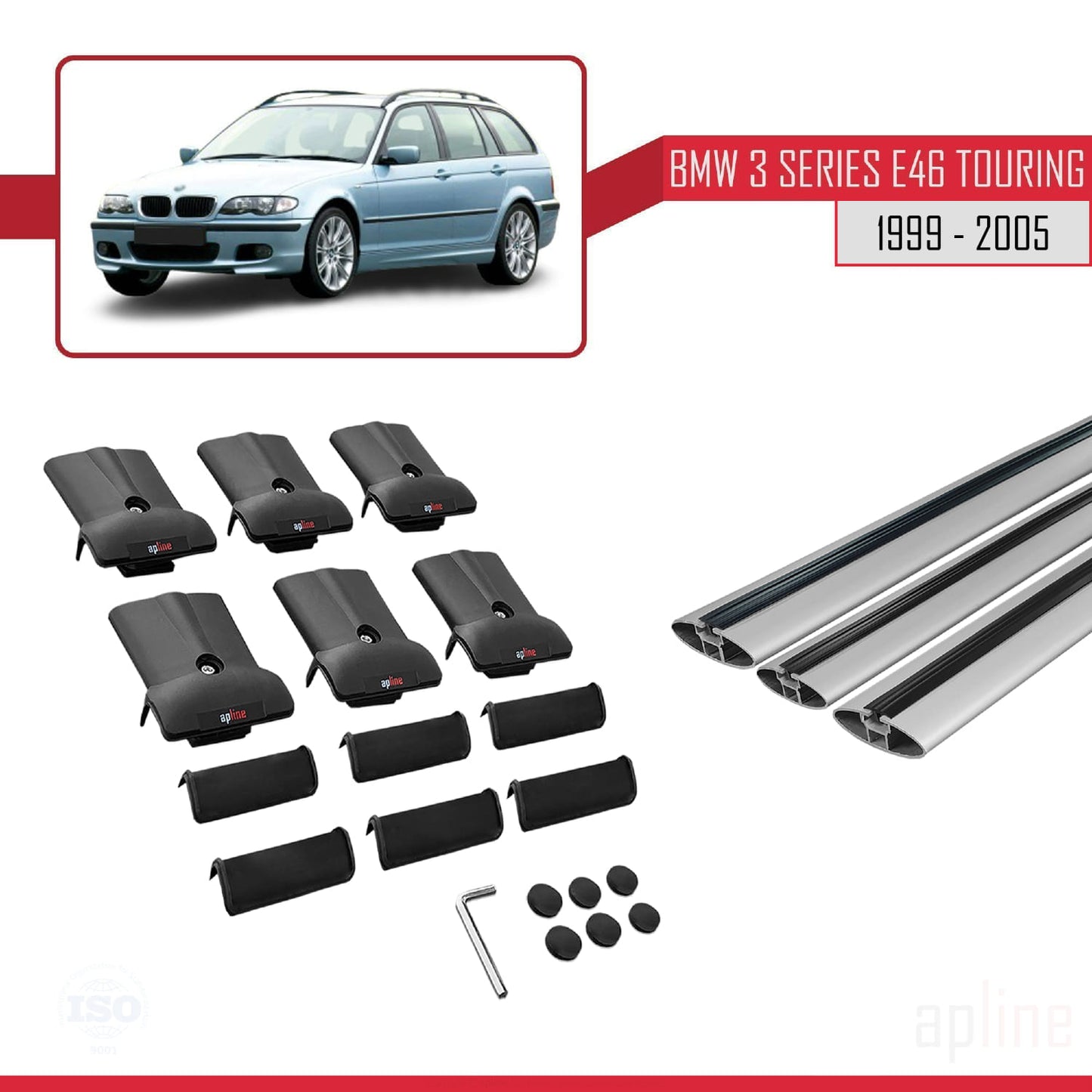 Compatibile con BMW Serie 3 (E46) Touring 1999-2005 FLY Model Barre Tetto Portapacchi Auto Barre Portatutto Grigo Alluminio 3 Barre