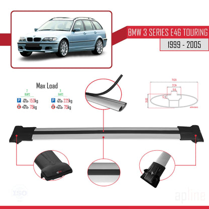 Compatible avec BMW Série 3 (E46) Touring 1999-2005 FLY Model Barres de Toit Railing Porte-Bagages de Voiture Gris Aluminium 2 Barres