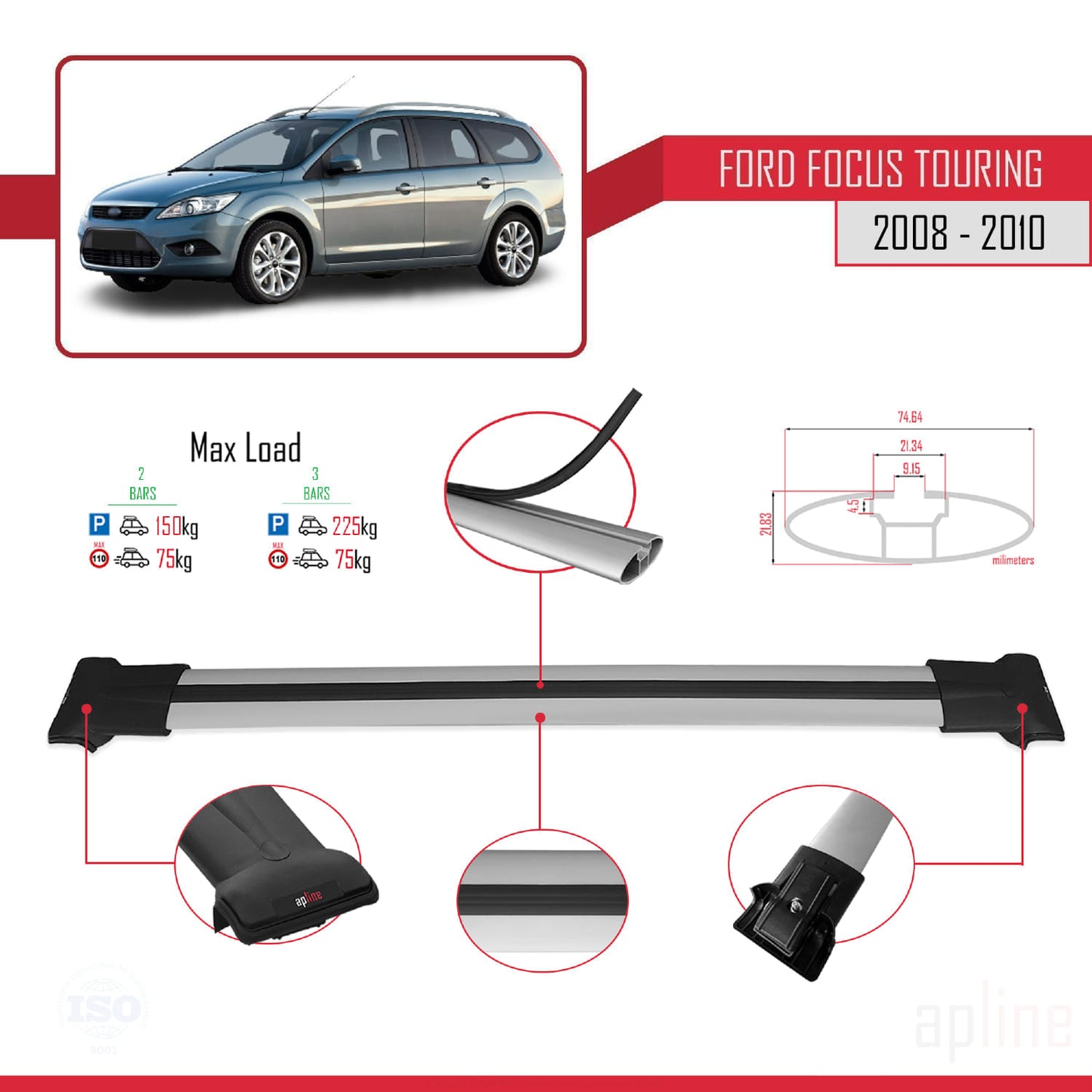Compatible con Ford Focus 2 (C307) Turnier 2008-2010 FLY Model Barras de Techo Auto Portaequipajes Barras Transversales Gris Aluminio 2 Barras