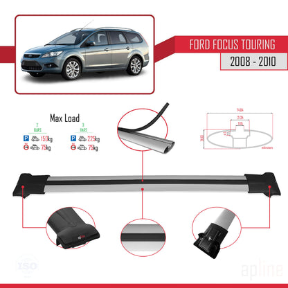 Compatible con Ford Focus 2 (C307) Turnier 2008-2010 FLY Model Barras de Techo Auto Portaequipajes Barras Transversales Gris Aluminio 2 Barras