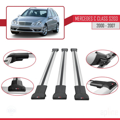 FLY Model Dakdrager bagagedrager compatibel met Mercedes C Klasse 2 (S203) 2000-2007 Spoorstaven Grijs Aluminium 3 Staven