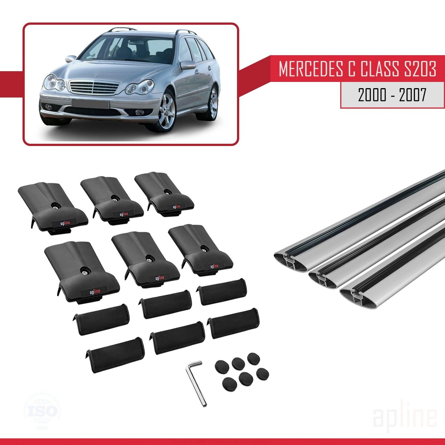 FLY Model Dakdrager bagagedrager compatibel met Mercedes C Klasse 2 (S203) 2000-2007 Spoorstaven Grijs Aluminium 3 Staven