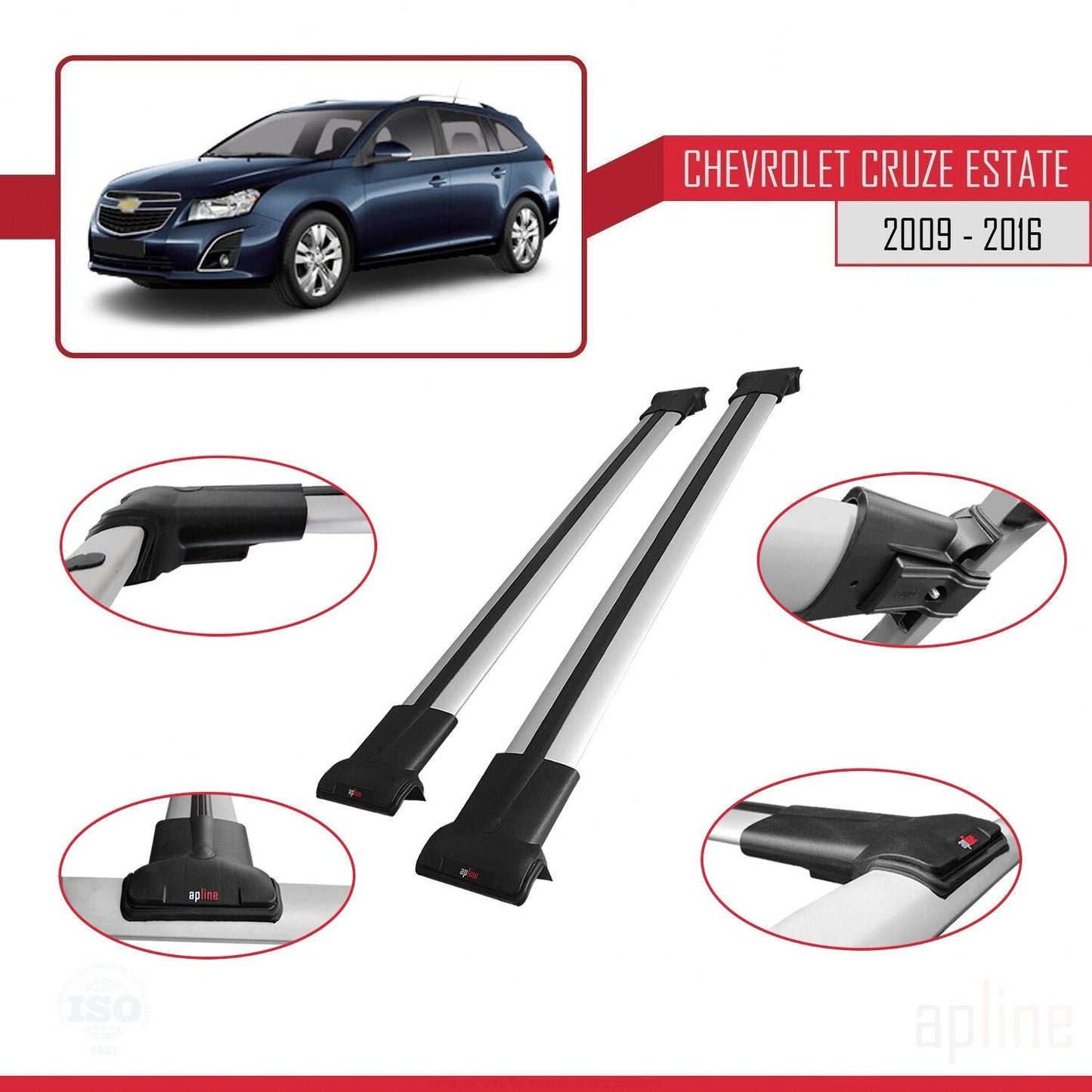 Compatibile con Chevrolet Cruze (J300) 2009-2016 FLY Model Barre Tetto Portapacchi Auto Barre Portatutto Grigo Alluminio 2 Barre