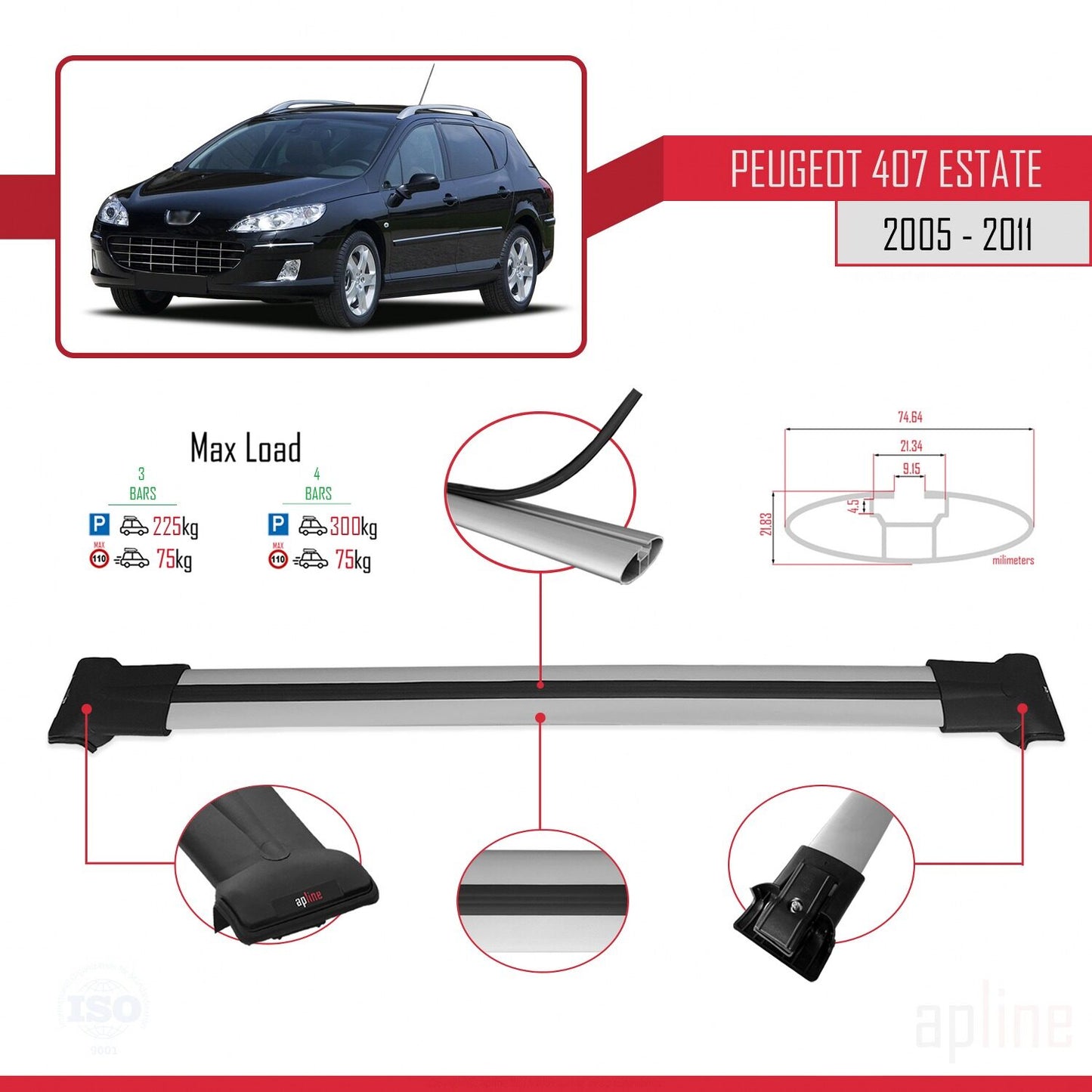 Compatibile con Peugeot 407 SW 2005-2011 FLY Model Barre Tetto Portapacchi Auto Barre Portatutto Grigo Alluminio 3 Barre