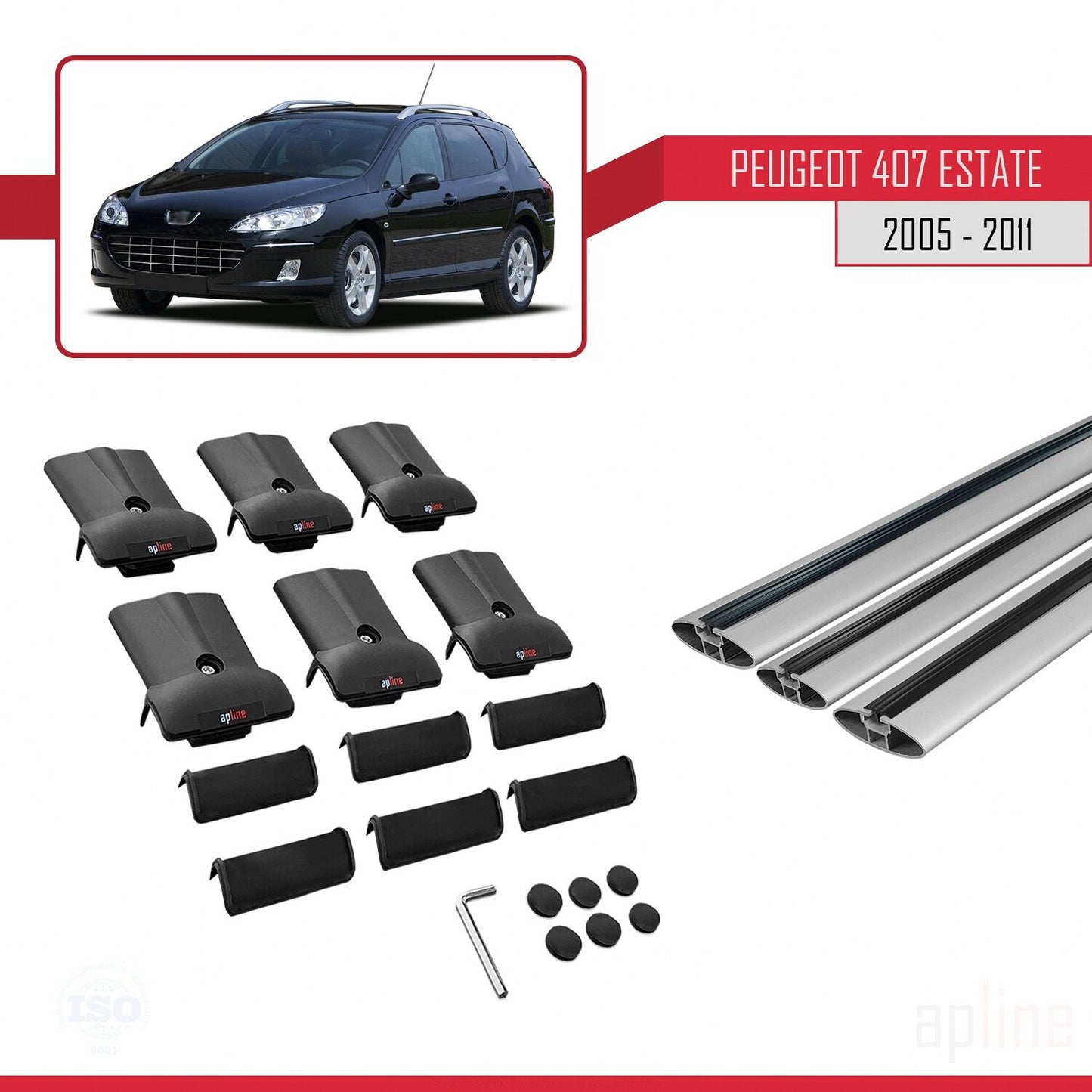 Compatibile con Peugeot 407 SW 2005-2011 FLY Model Barre Tetto Portapacchi Auto Barre Portatutto Grigo Alluminio 3 Barre