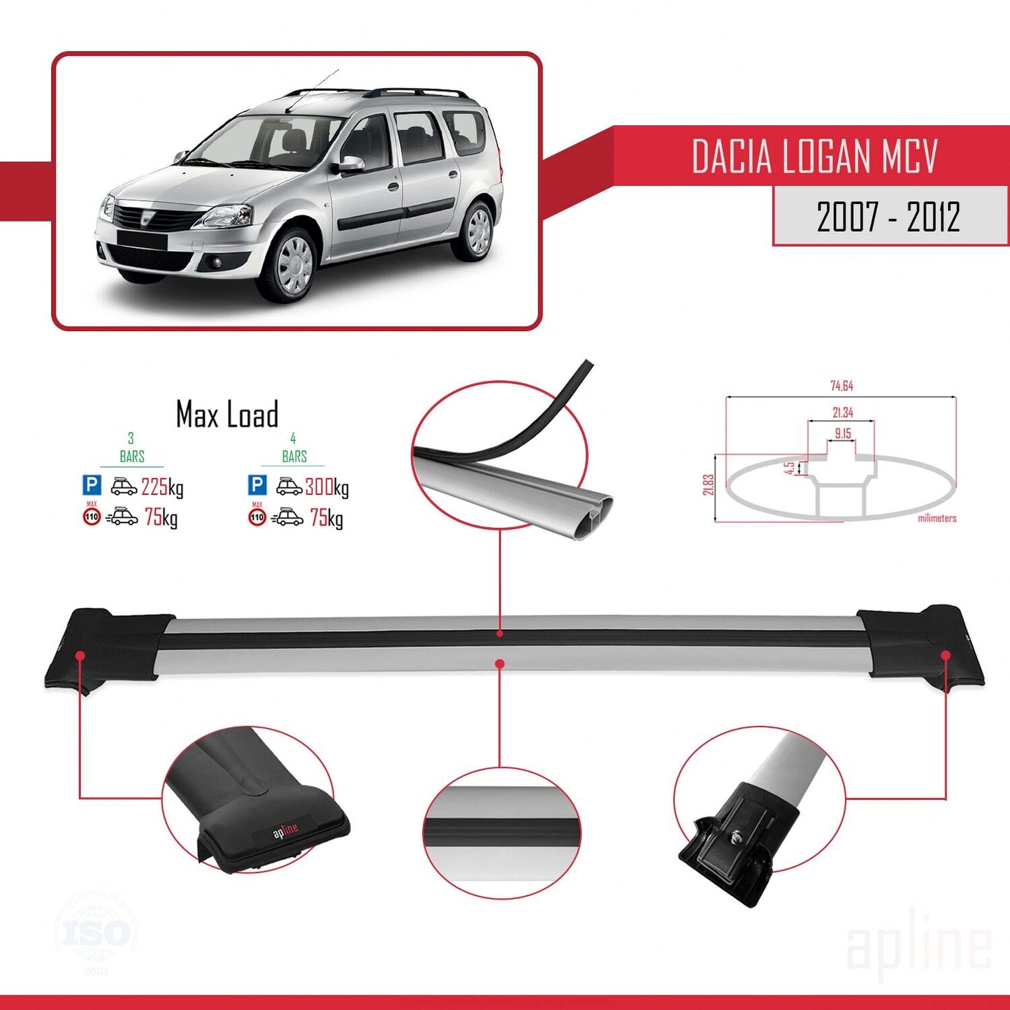 Compatibile con Dacia Logan 2 MCV (K52) 2007-2012 FLY Model Barre Tetto Portapacchi Auto Barre Portatutto Grigo Alluminio 3 Barre
