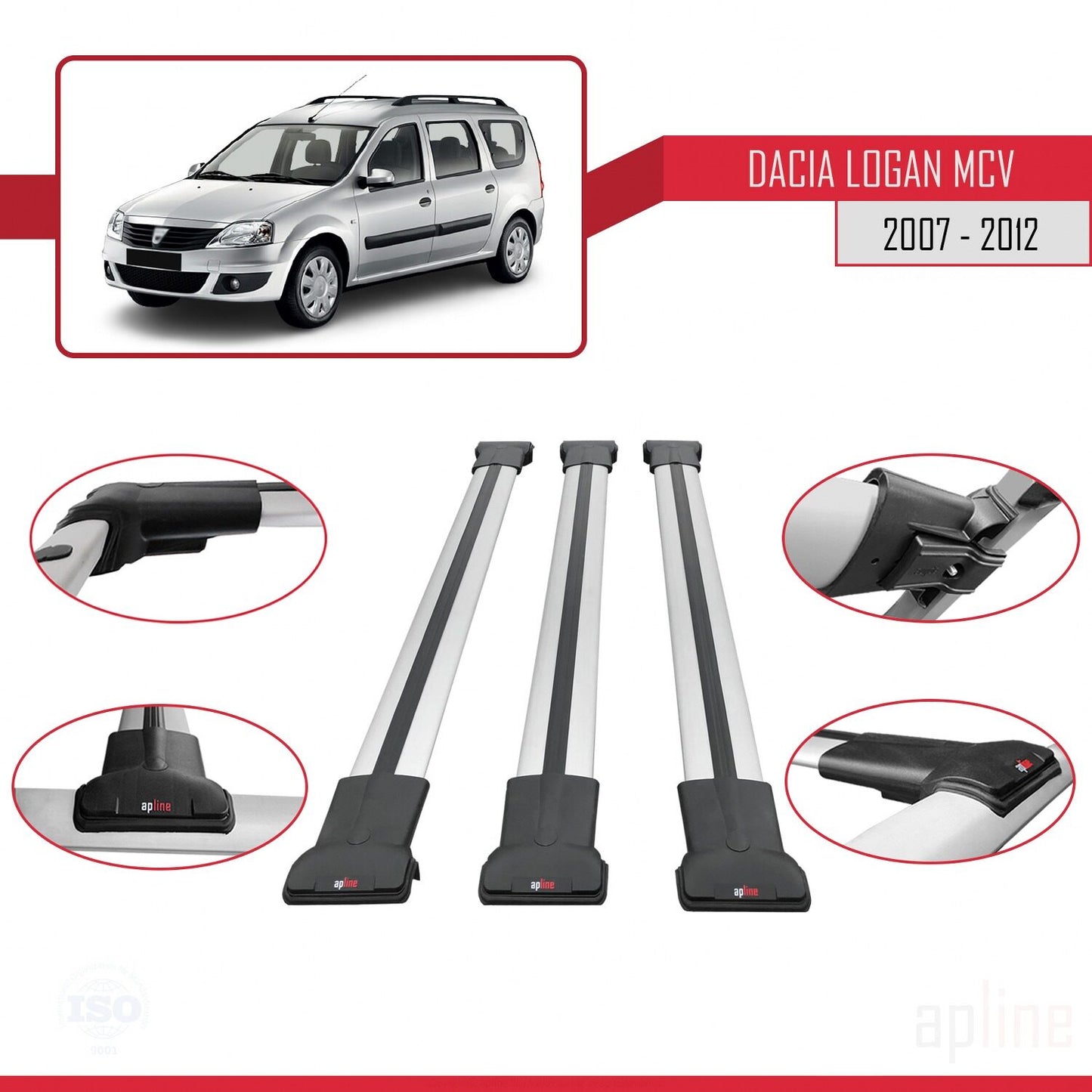 Compatibile con Dacia Logan 2 MCV (K52) 2007-2012 FLY Model Barre Tetto Portapacchi Auto Barre Portatutto Grigo Alluminio 3 Barre