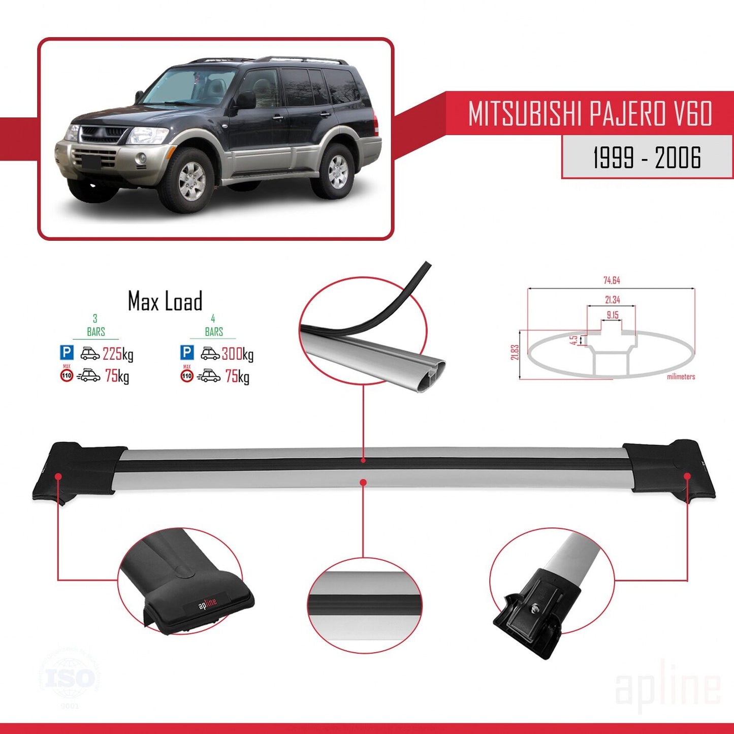 Compatible avec Mitsubishi Pajero (V60) 5 Kapı 1999-2006 FLY Model Barres de Toit Railing Porte-Bagages de Voiture Gris Aluminium 3 Barres
