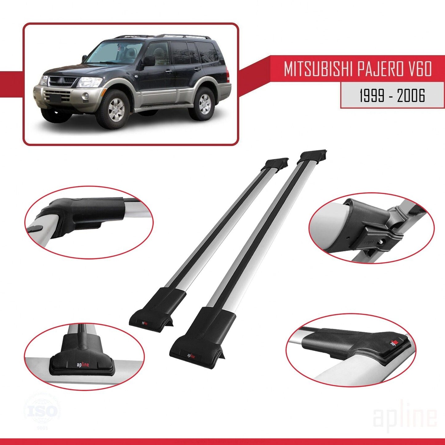 Compatible avec Mitsubishi Pajero (V60) 5 Kapı 1999-2006 FLY Model Barres de Toit Railing Porte-Bagages de Voiture Gris Aluminium 2 Barres