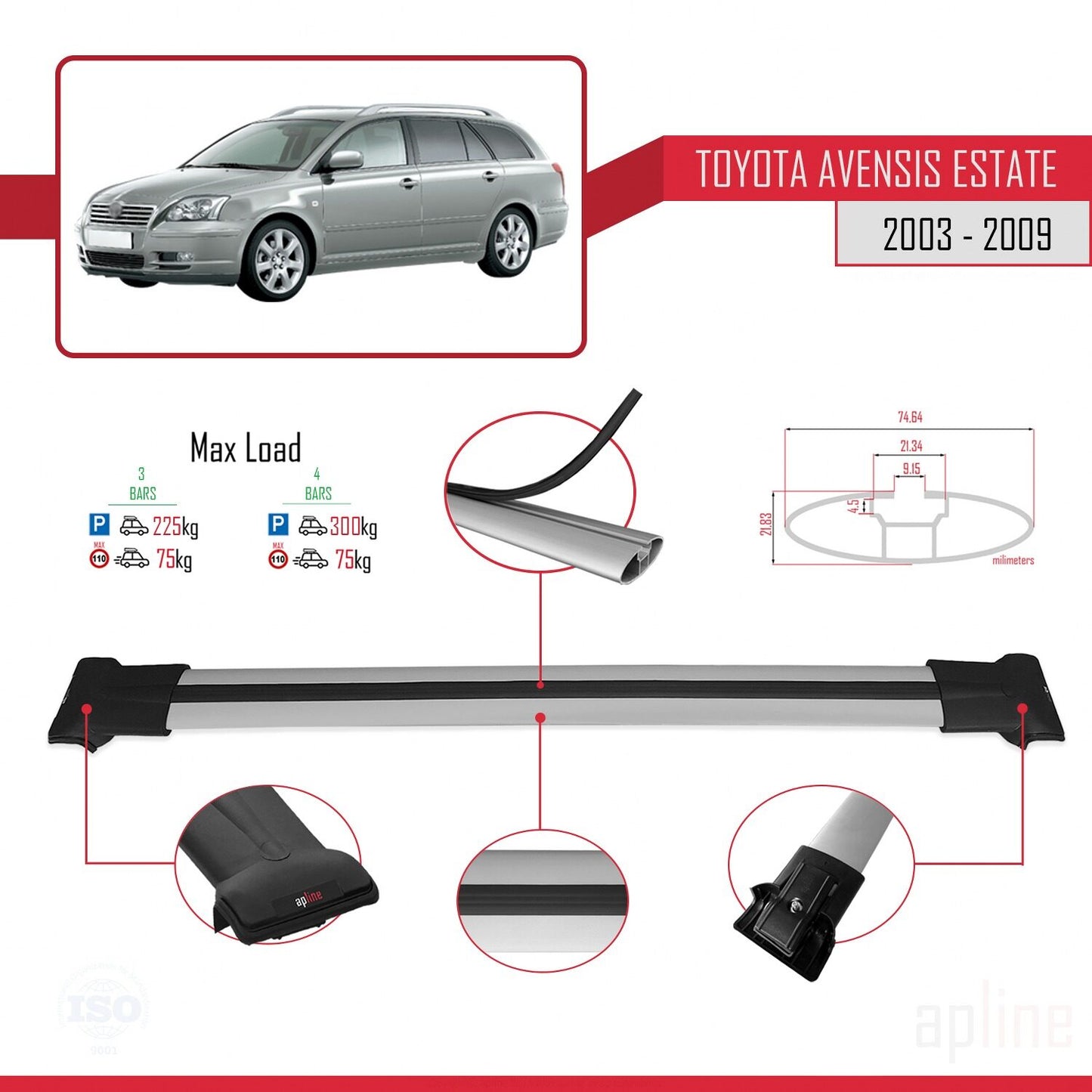 Compatible avec Toyota Avensis Break 2003-2009 FLY Model Barres de Toit Railing Porte-Bagages de Voiture Gris Aluminium 3 Barres