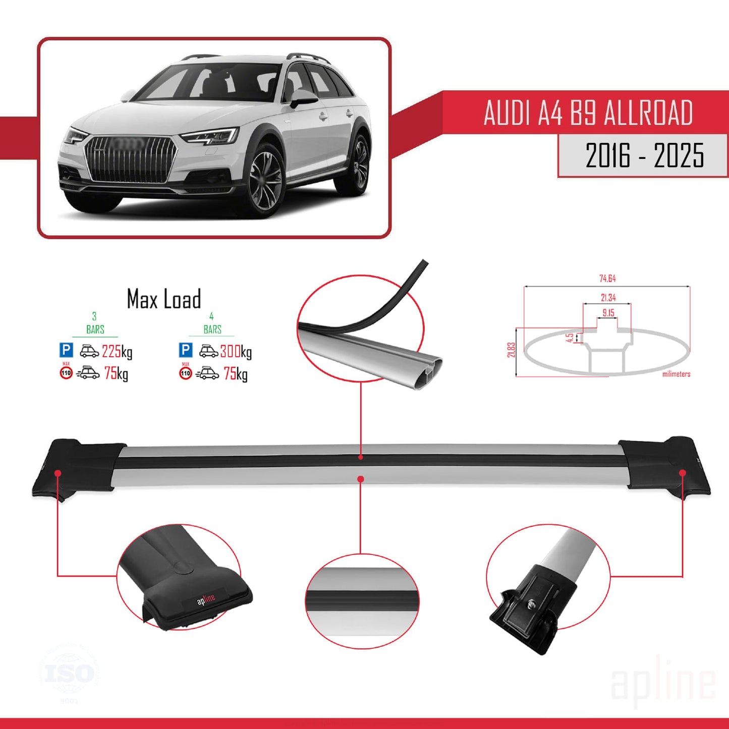Compatibile con A4 (B9) Allroad 2016-2025 modello FLY Barre portatutto per auto Portapacchi in alluminio grigio 3 barre