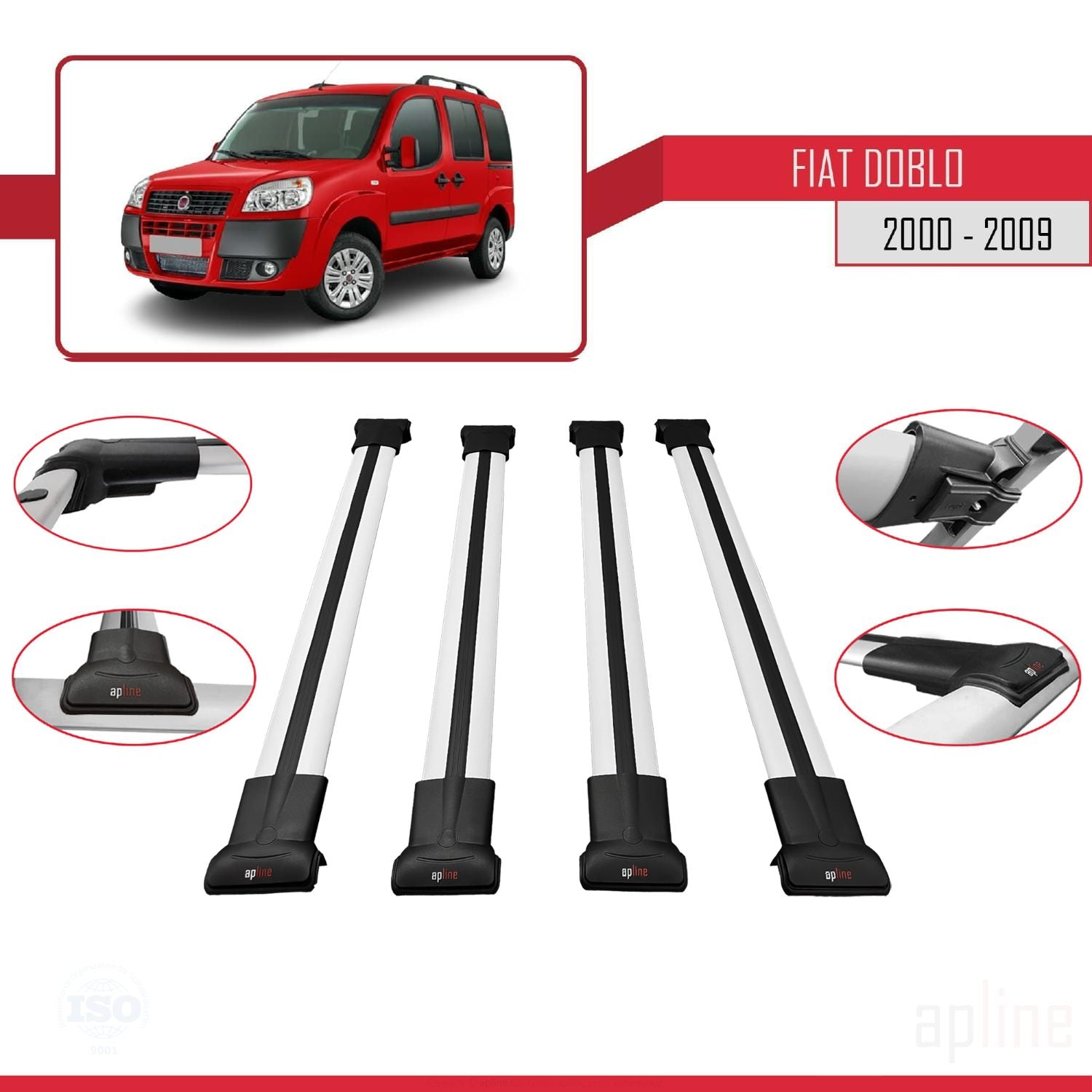 Compatible avec Fiat Doblo 2000-2009 FLY Model Barres de Toit Railing Porte-Bagages de Voiture Gris Aluminium 4 Barres