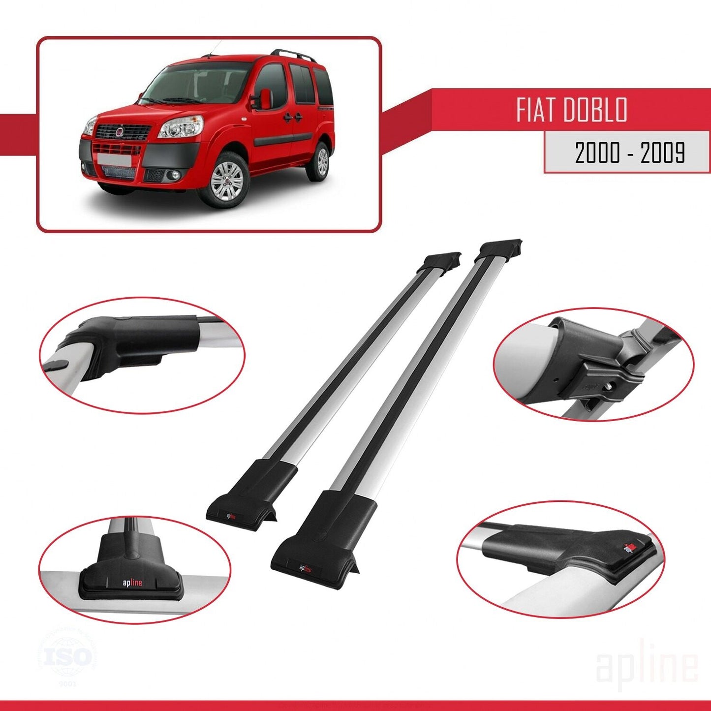 Compatible avec Fiat Doblo 2000-2009 FLY Model Barres de Toit Railing Porte-Bagages de Voiture Gris Aluminium 2 Barres