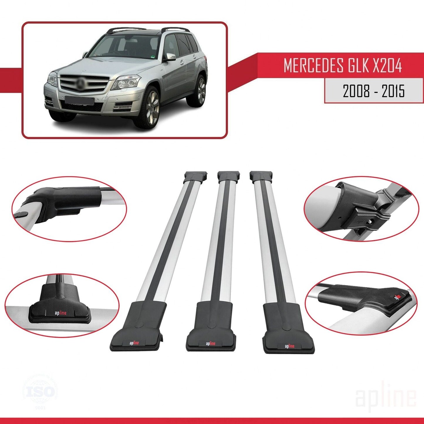 Kompatibel mit Mercedes GLK Klasse (X204) 2008-2015 FLY Model Relingträger Dachträger Auto Gepäckträger Grau Aluminium 3 Stangen