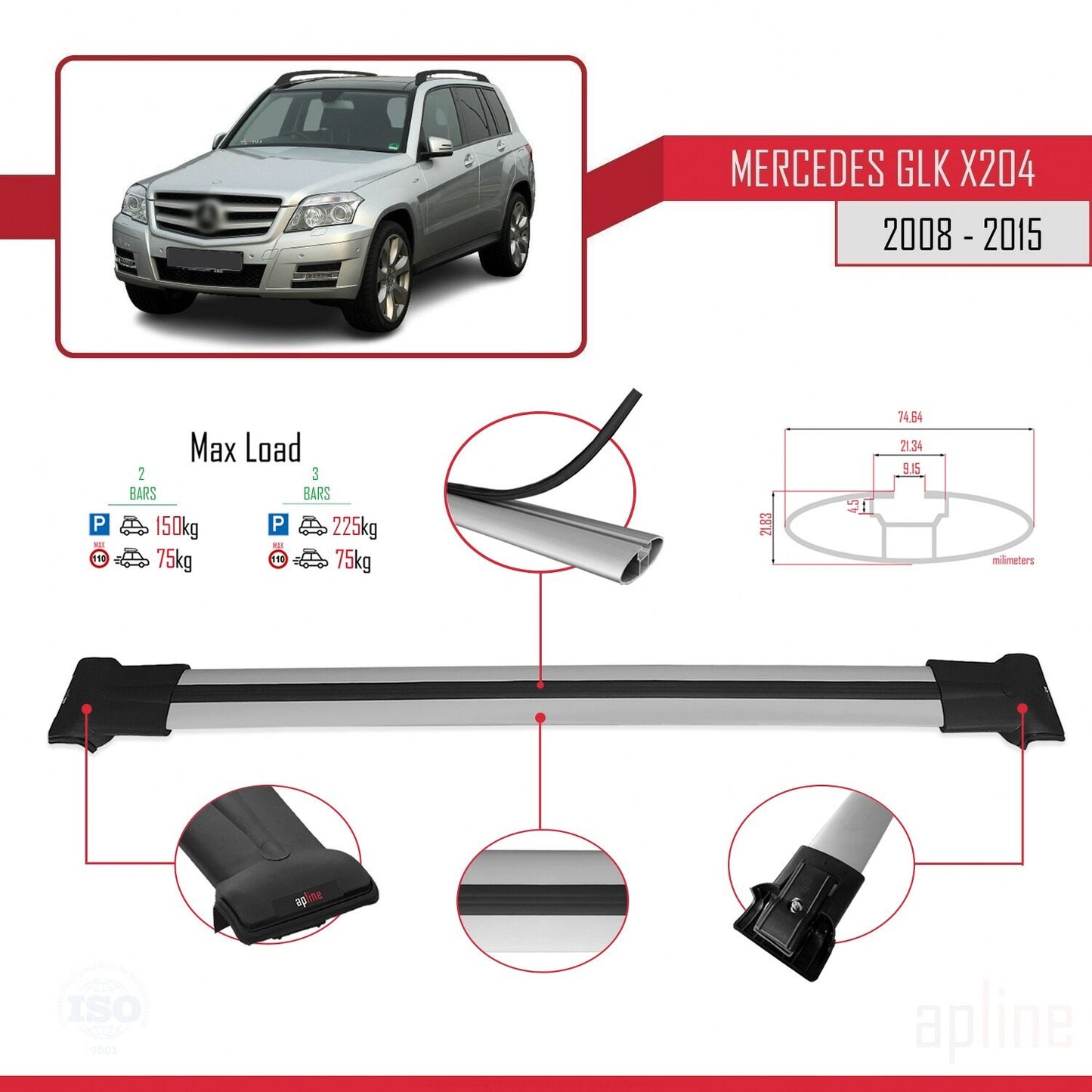 Kompatibel mit Mercedes GLK Klasse (X204) 2008-2015 FLY Model Relingträger Dachträger Auto Gepäckträger Grau Aluminium 2 Stangen