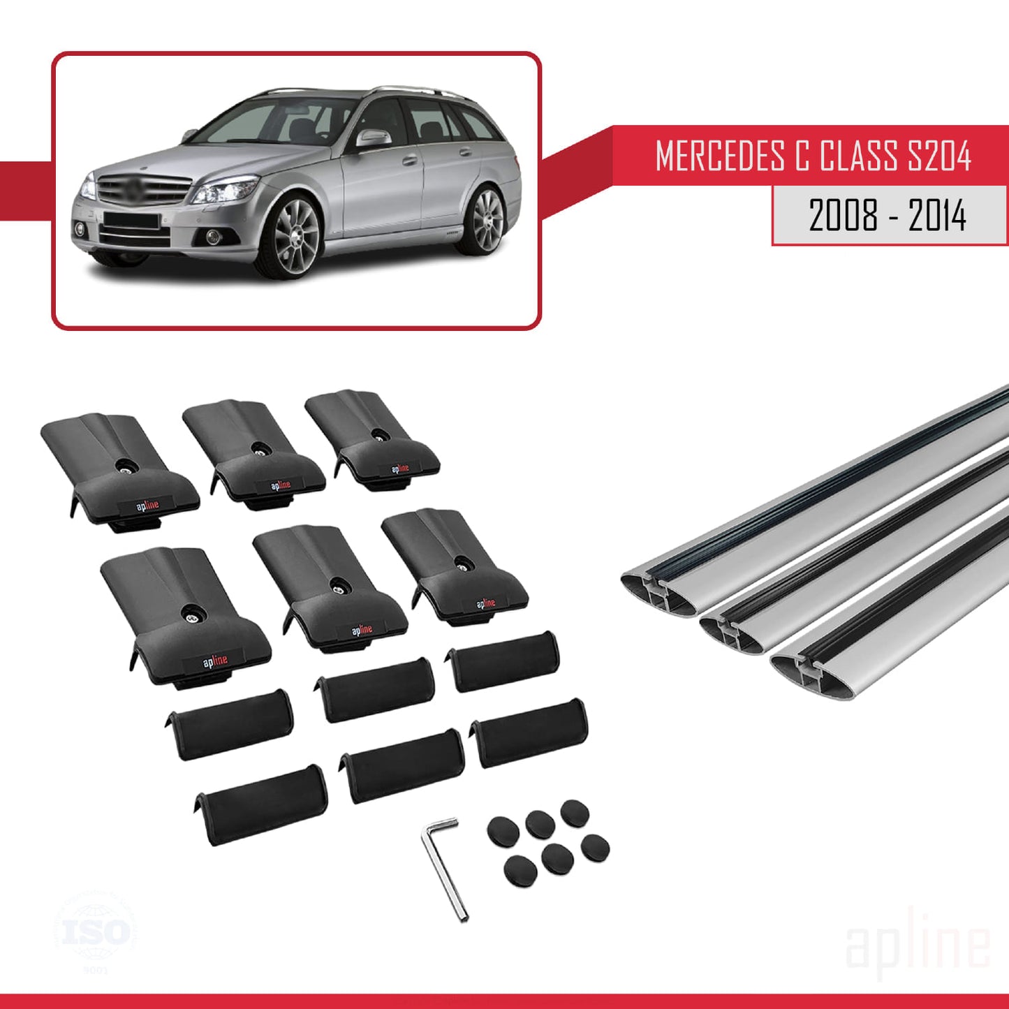 FLY Model Dakdrager bagagedrager compatibel met Mercedes C Klasse 3 (S204) 2008-2014 Spoorstaven Grijs Aluminium 3 Staven