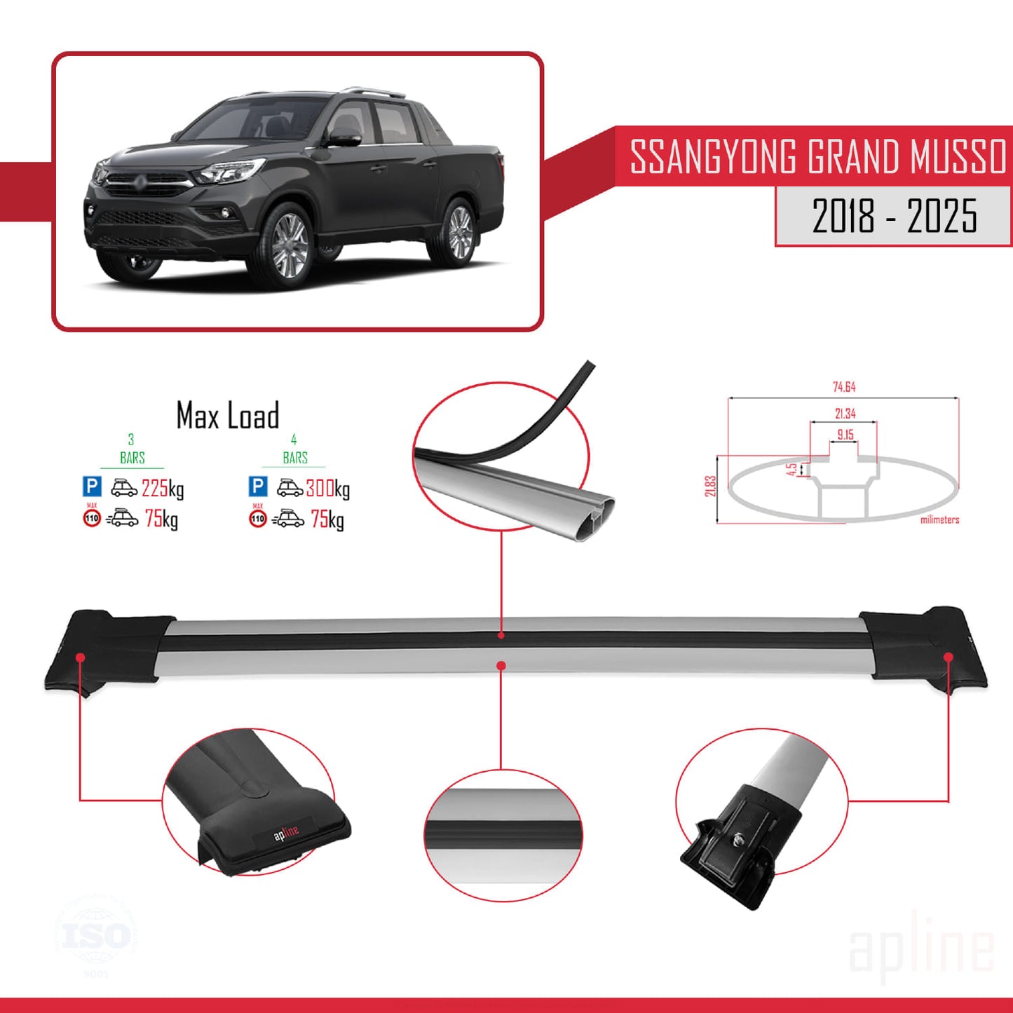 Compatible avec Ssangyong Grand Musso 2018-2025 FLY Model Barres de Toit Railing Porte-Bagages de Voiture Gris Aluminium 3 Barres