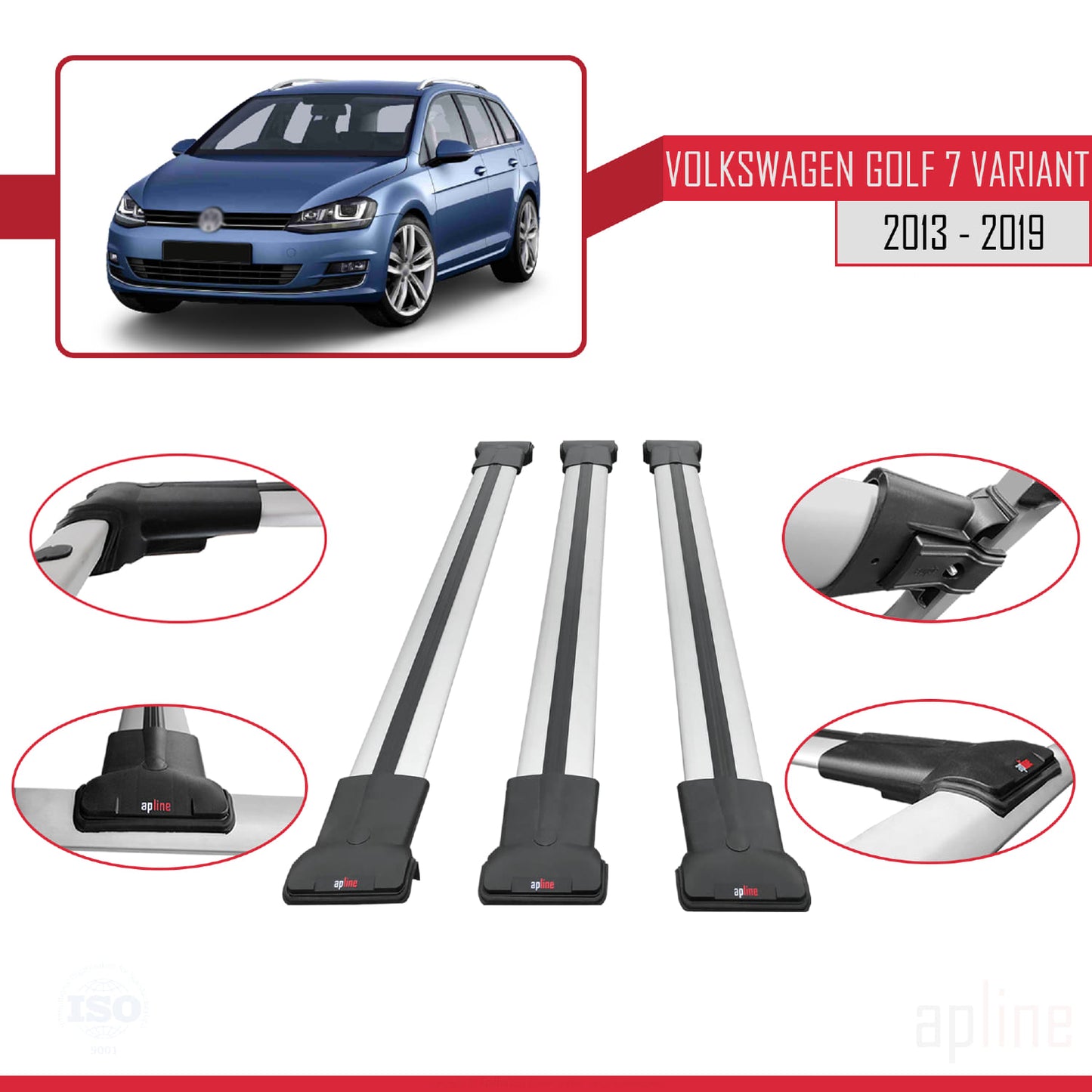 Compatible avec Volkswagen Golf 7 (5G) Variant 2013-2019 FLY Model Barres de Toit Railing Porte-Bagages de Voiture Gris Aluminium 3 Barres