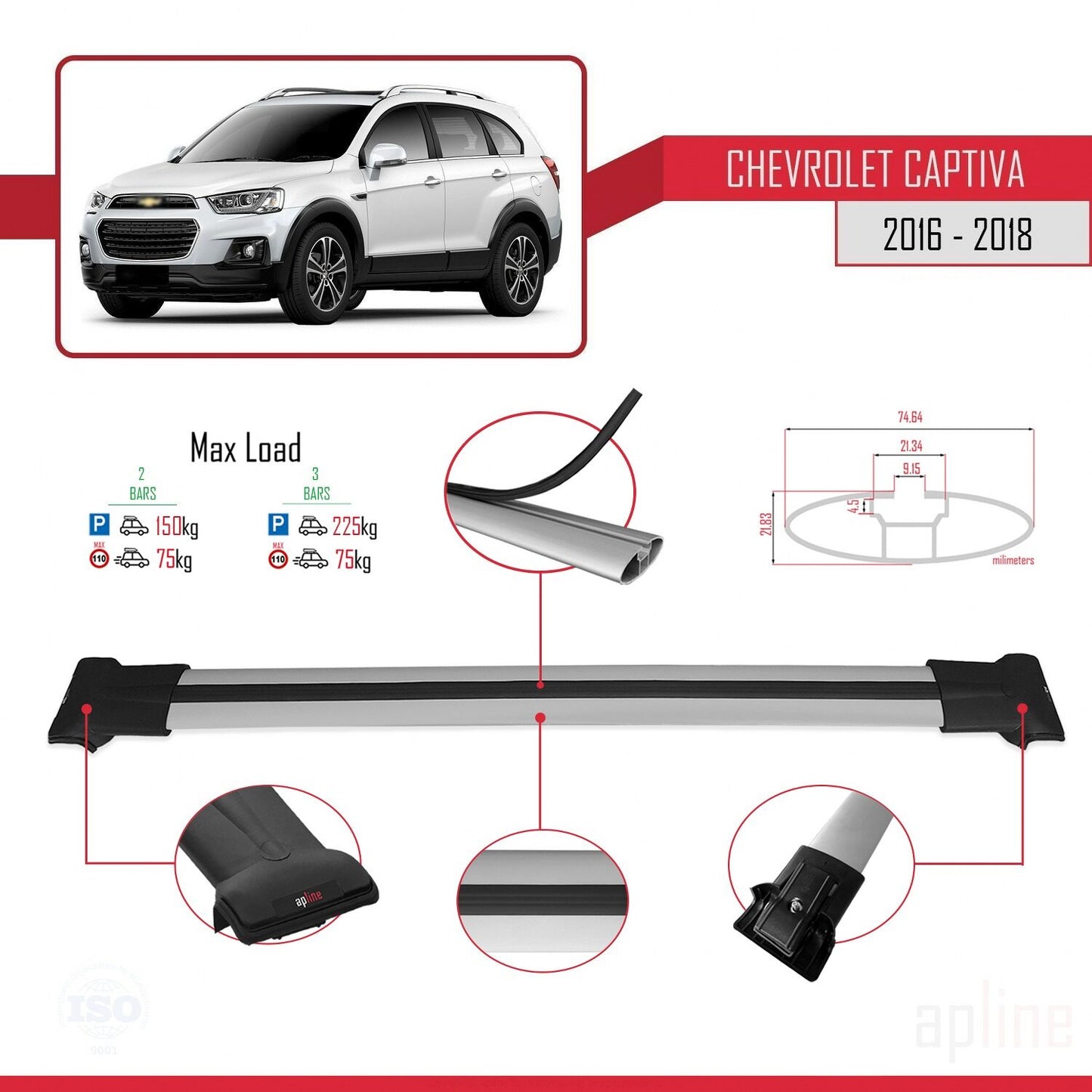 Kompatibel mit Chevrolet Captiva 2016-2018 FLY Model Relingträger Dachträger Auto Gepäckträger Grau Aluminium 2 Stangen