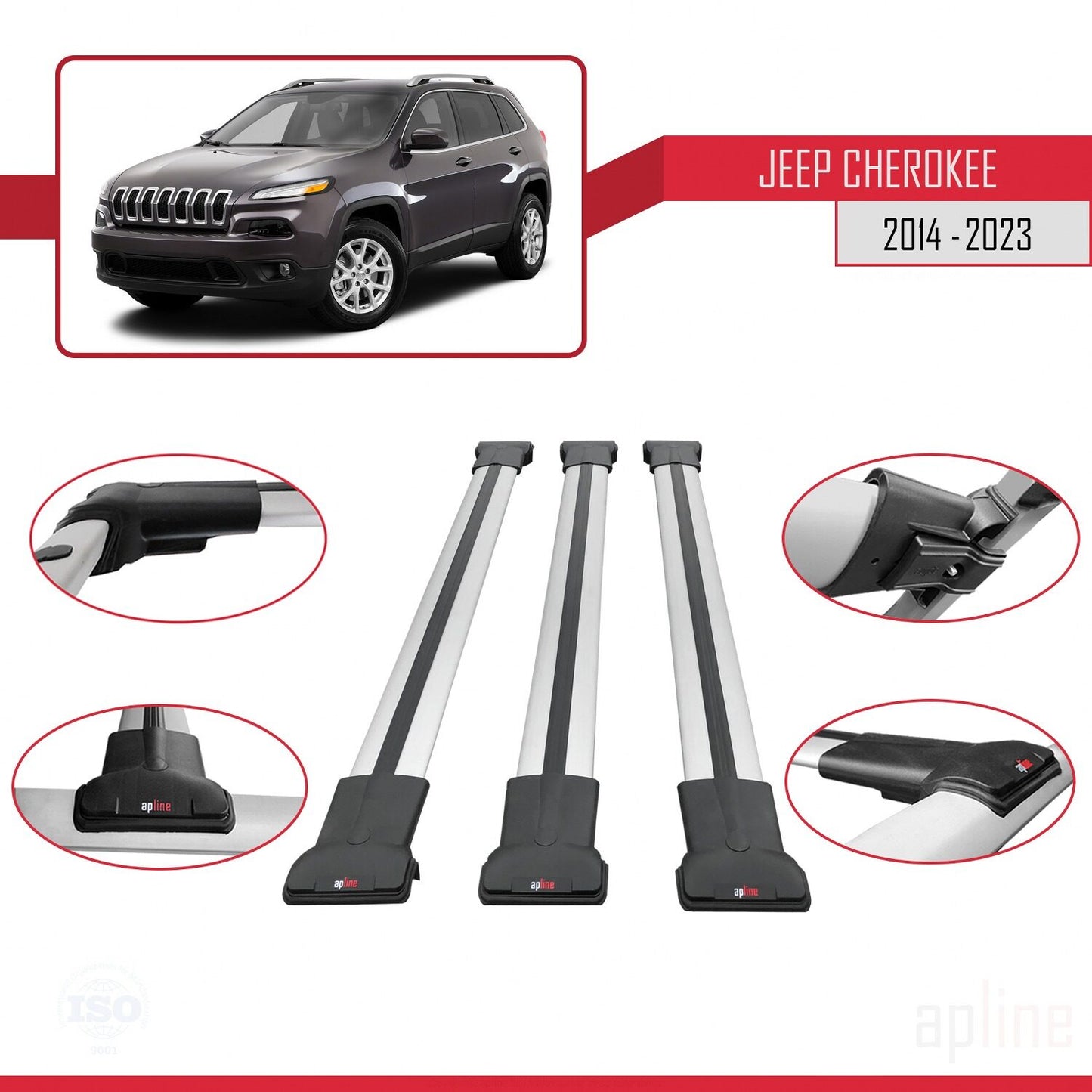 Kompatibel mit Jeep Cherokee 5 (KL) 2014-2023 FLY Model Relingträger Dachträger Auto Gepäckträger Grau Aluminium 3 Stangen