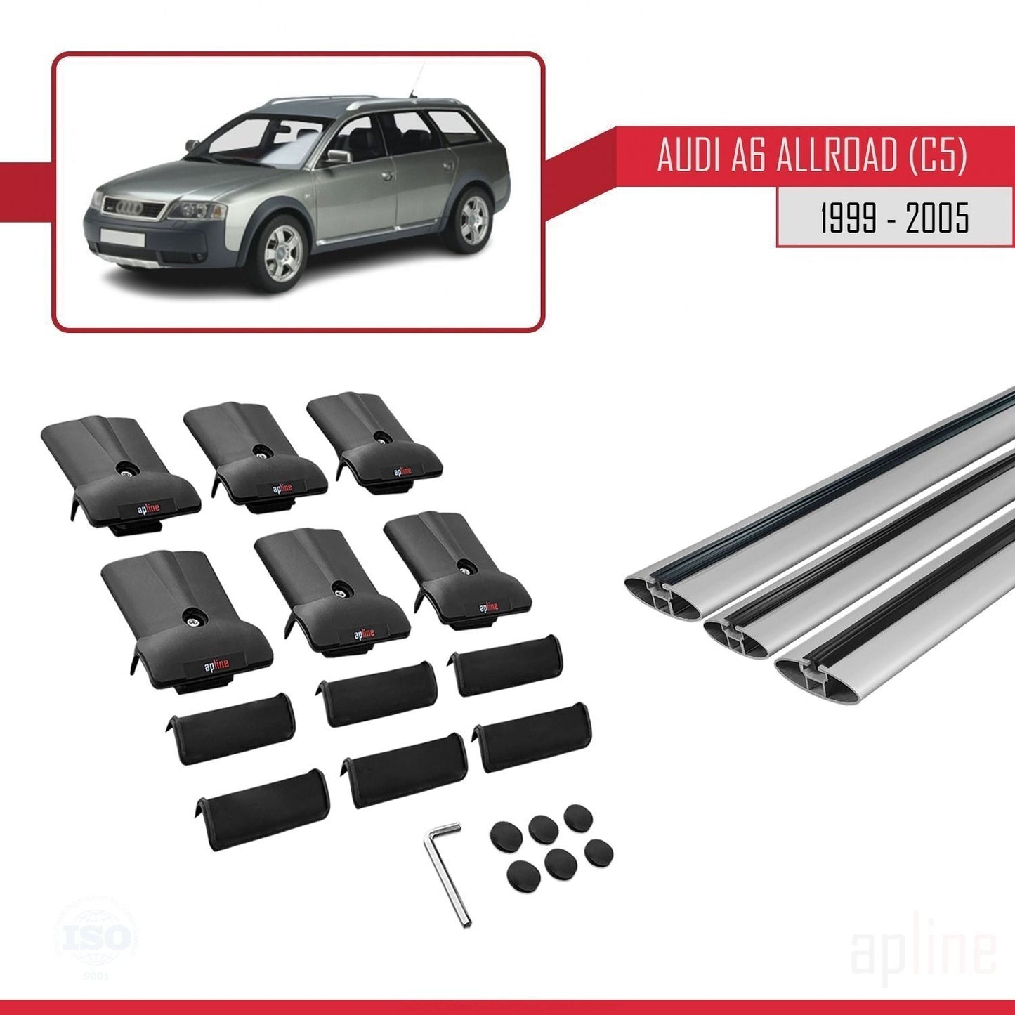 Compatible avec A6 (C5) Allroad 1999-2005 FLY Model Barres de Toit Railing Porte-Bagages de Voiture Gris Aluminium 3 Barres