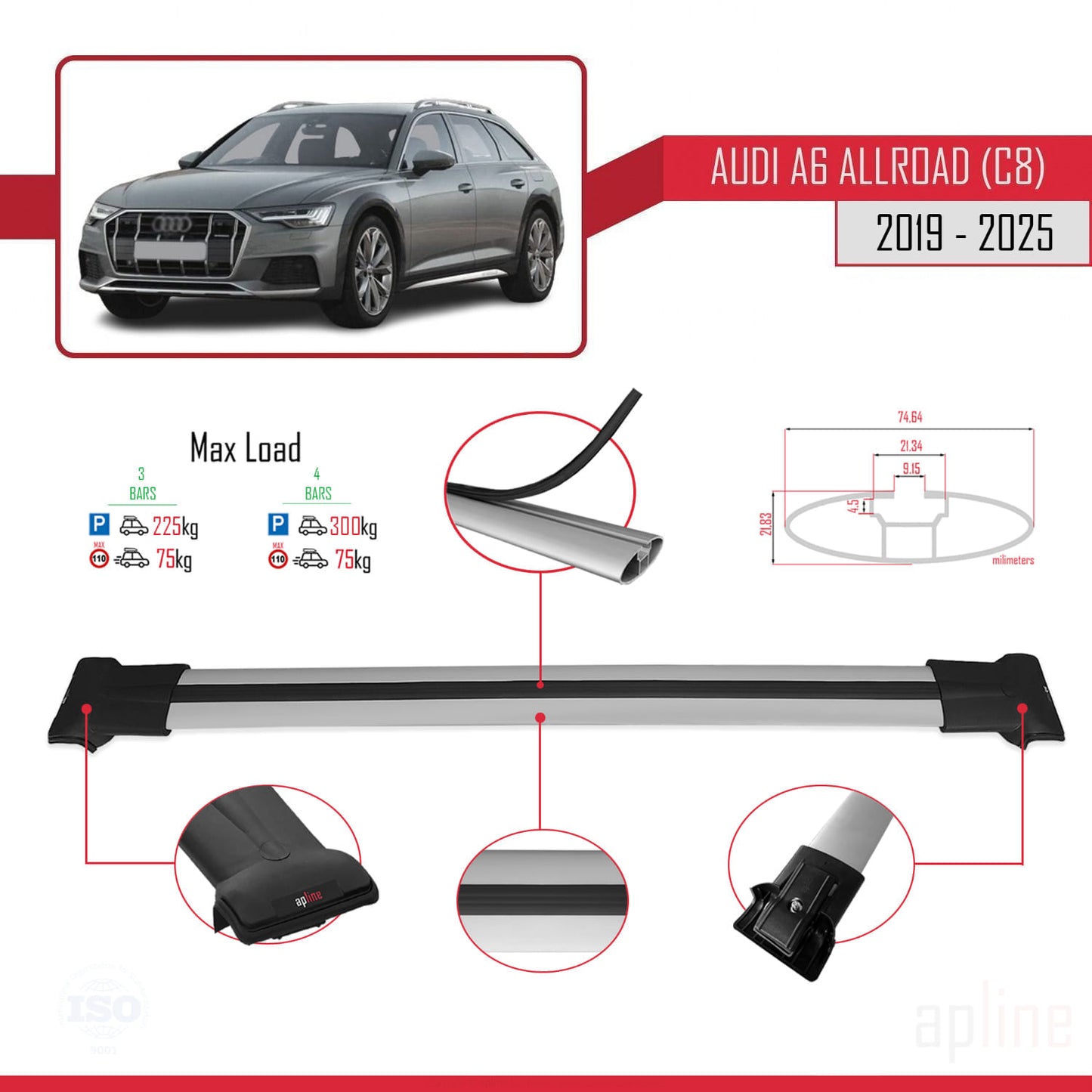 Compatibile con A6 (C8) Allroad 2019-2025 modello FLY Barre portatutto per auto Portapacchi in alluminio grigio 3 barre