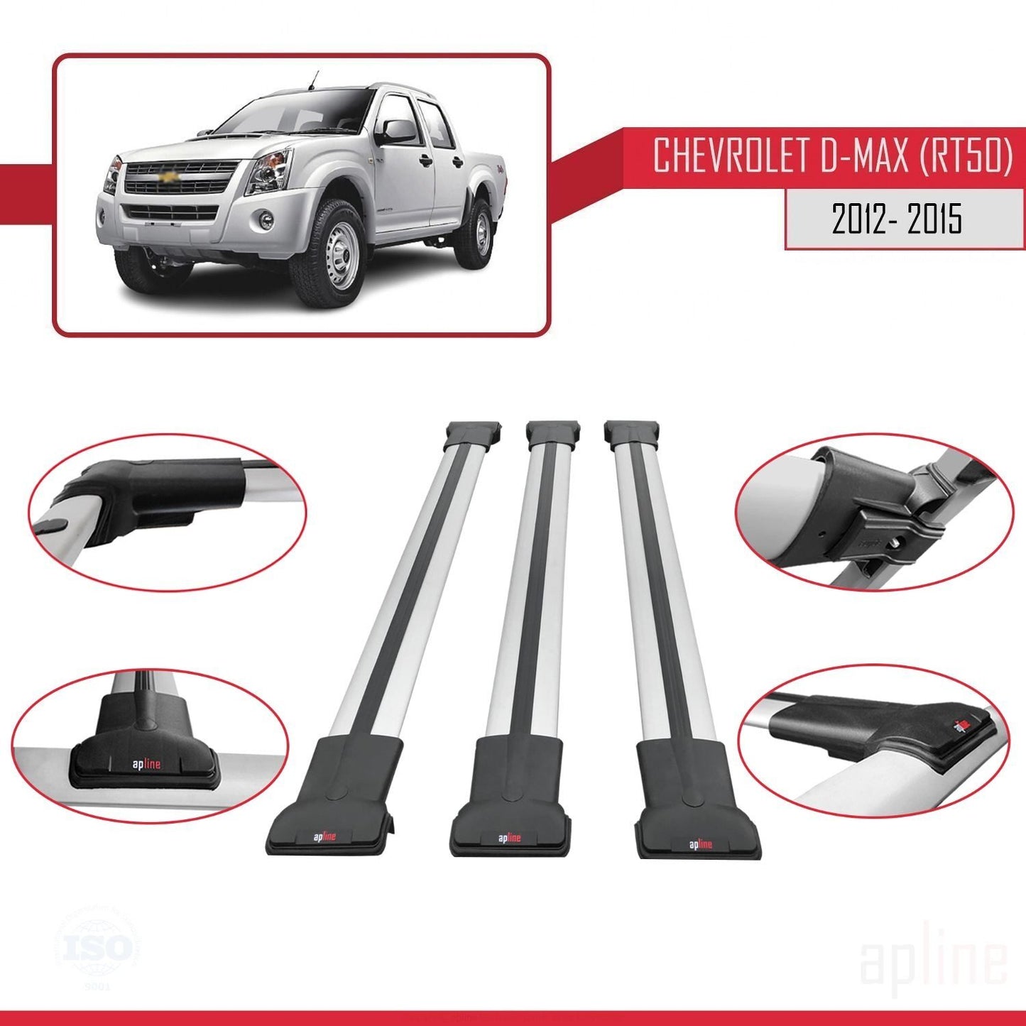Compatible avec Chevrolet D-Max (RT50) 2012-2015 FLY Model Barres de Toit Railing Porte-Bagages de Voiture Gris Aluminium 3 Barres