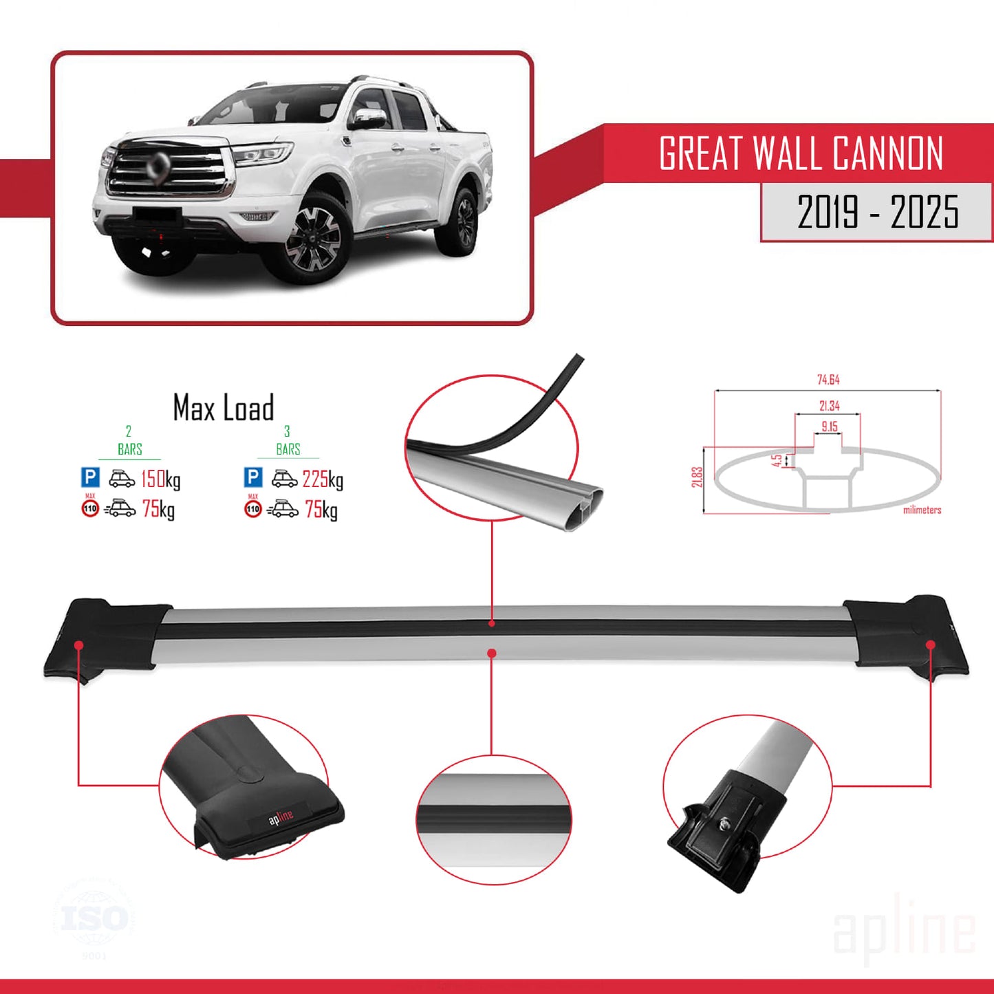 Compatible avec Great Wall Cannon 2019-2025 FLY Model Barres de Toit Railing Porte-Bagages de Voiture Gris Aluminium 2 Barres